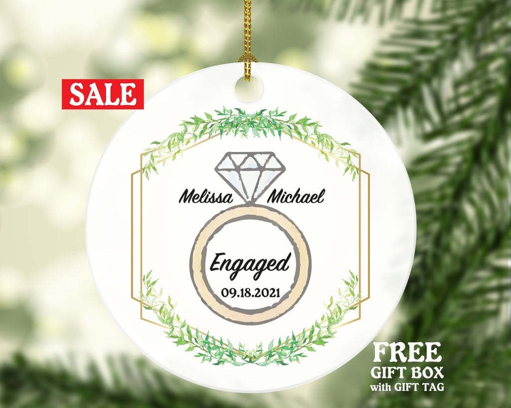 First Christmas Engaged Custom Ornament - Personalized Engagement Announcement Couple Gift - Custom Date Name - Diamond Engagement Ring