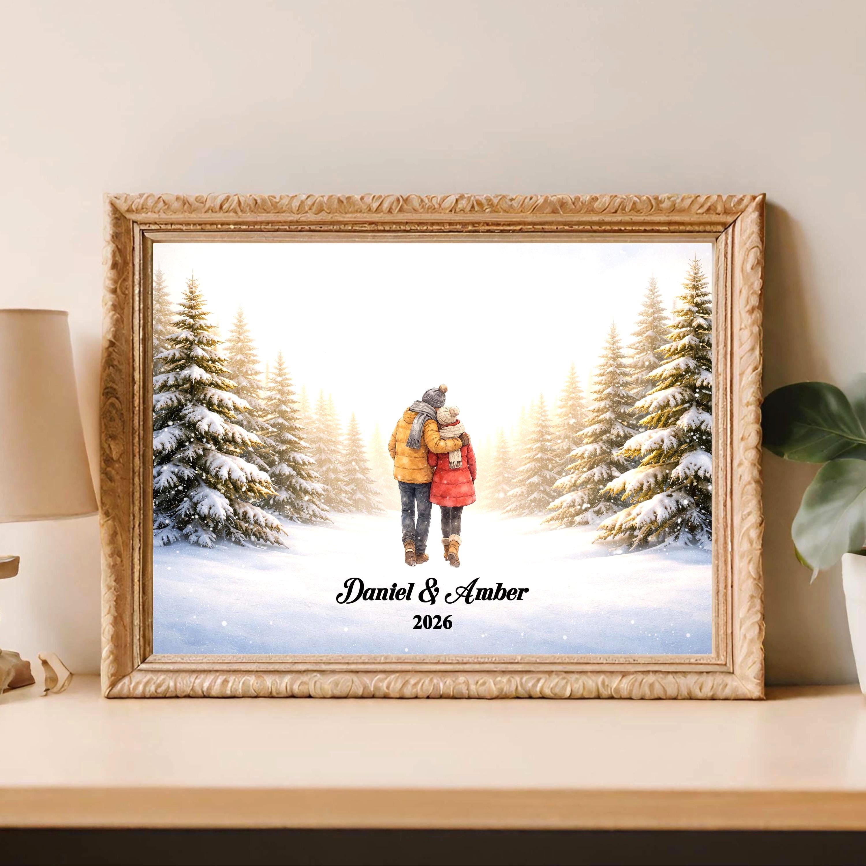 Custom Couple in Snow Wall Art | Winter Scene Print for Engaged, Married, Mr & Mrs, Anniversary | Aluminum Metal Print