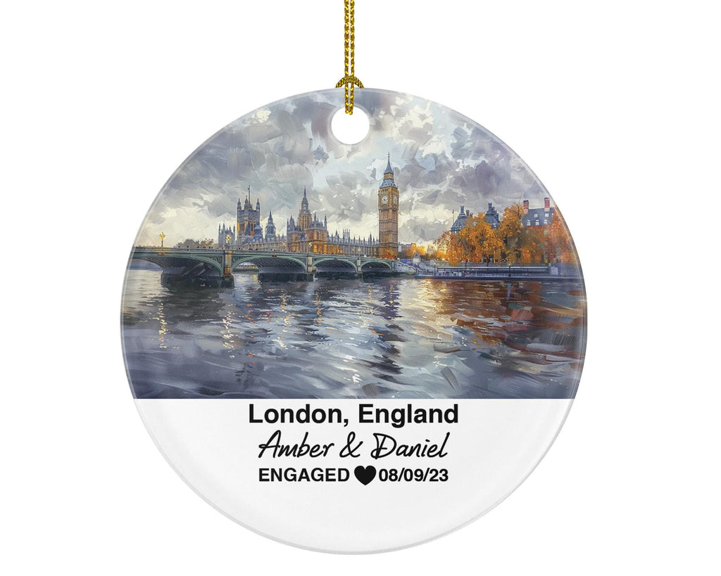 London England Round Ceramic Christmas Ornament – Personalized Big Ben, Tower Bridge Keepsake, Custom Couple Gift for Wedding or Honeymoon
