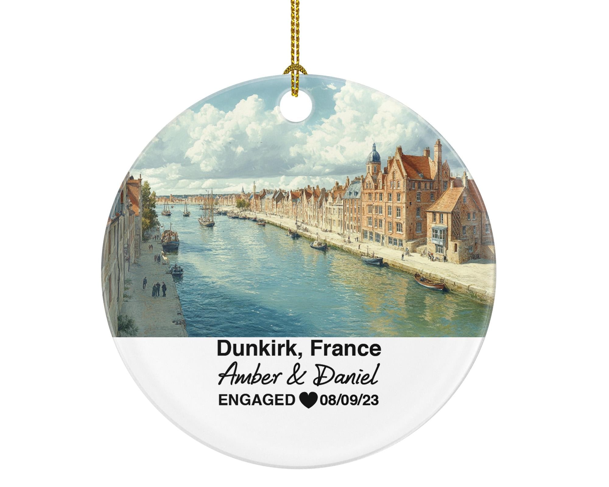 Personalized Dunkirk France Christmas Ornament, Historic Beaches, Lighthouse, Mr & Mrs Wedding, Engagement, or Honeymoon Keepsake to Couples
