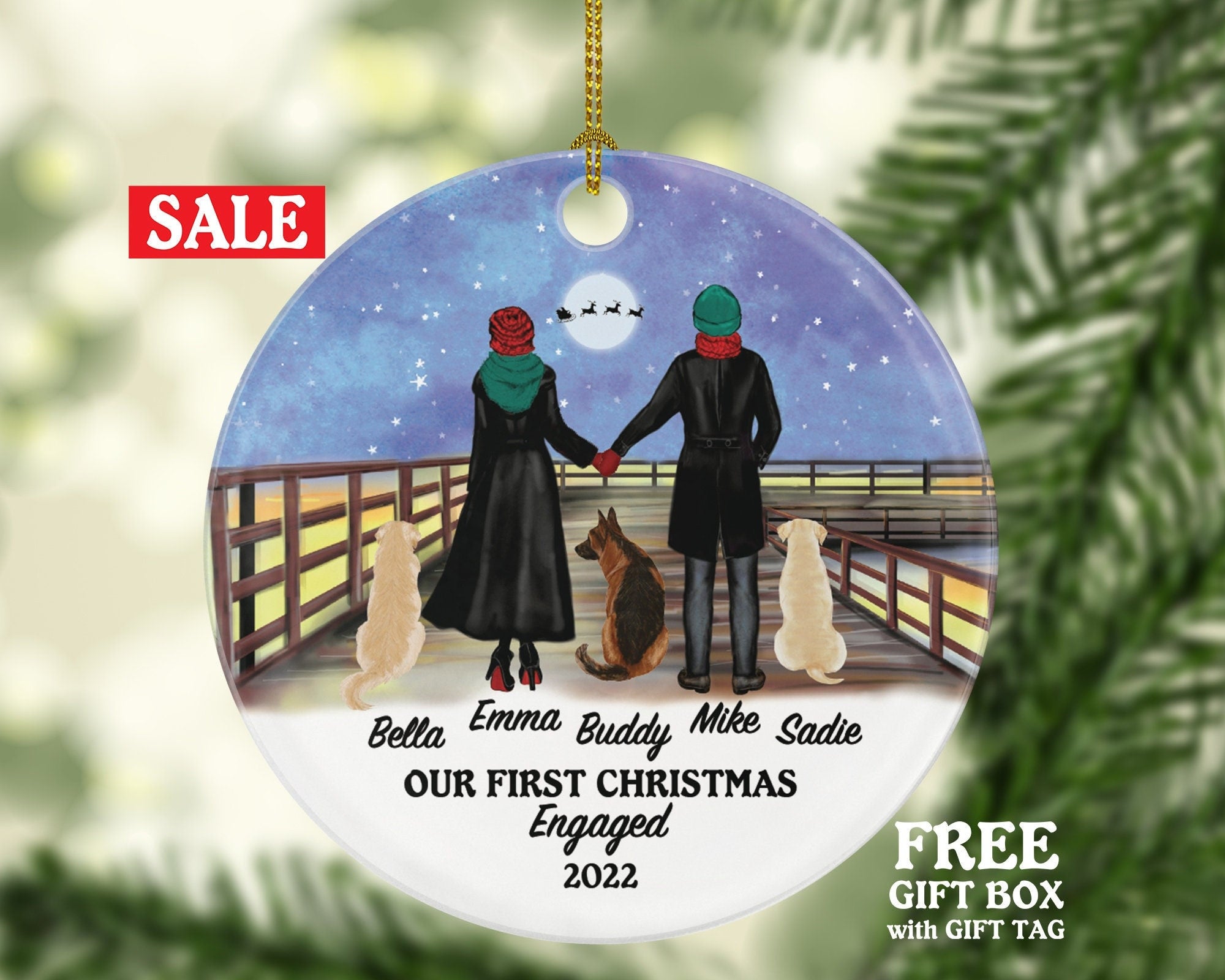 Engaged Dog Cat Pet Owner Couple Personalized Christmas Ornament First Engagement Announcement Custom Lover Gift Fur Holiday Rescue Breeds