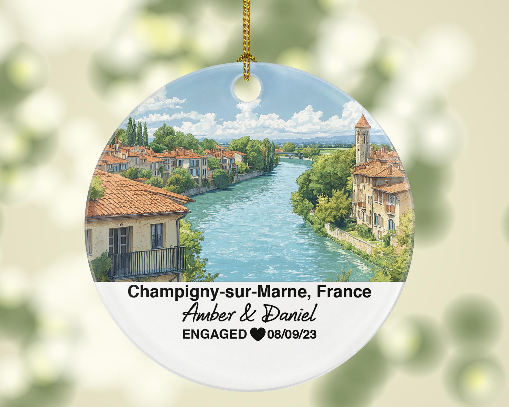 Personalized Champigny-sur-Marne France Christmas Ornament, Marne River, Mr & Mrs Wedding, Engagement, or Honeymoon Keepsake for Couples