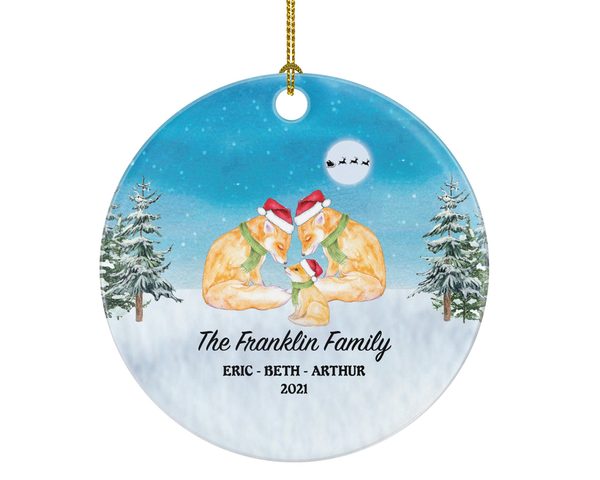Personalized Family of 3 Christmas Ornaments Fox Foxes Family Custom Names Watercolor Family of Three First Ornament Gift for with Kids Xmas