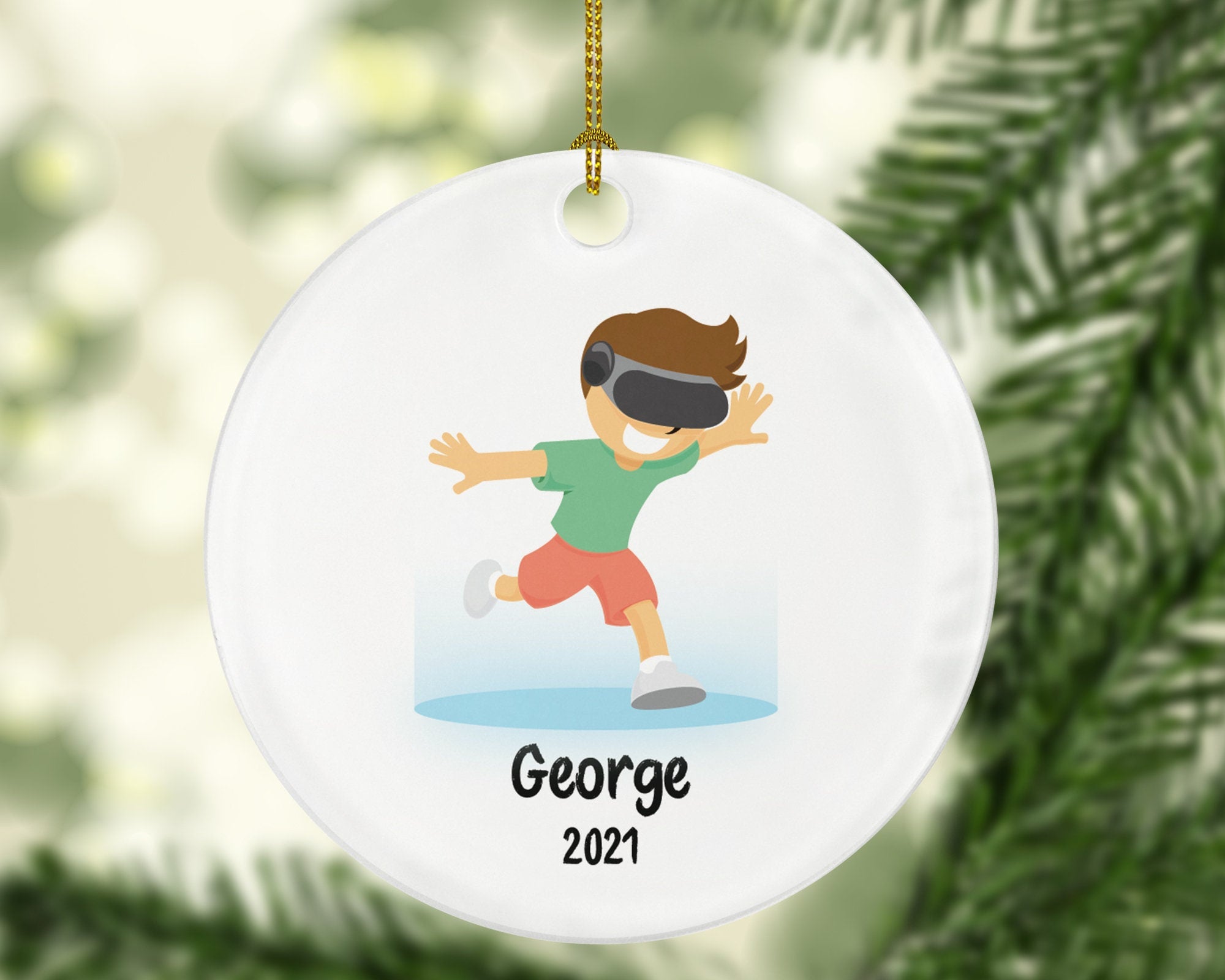 Virtual Reality Male Personalized Christmas Ornament Child for Tree Boy Kid Brown White Skin Hair Blonde Dark Black Video Gamer Game Gift