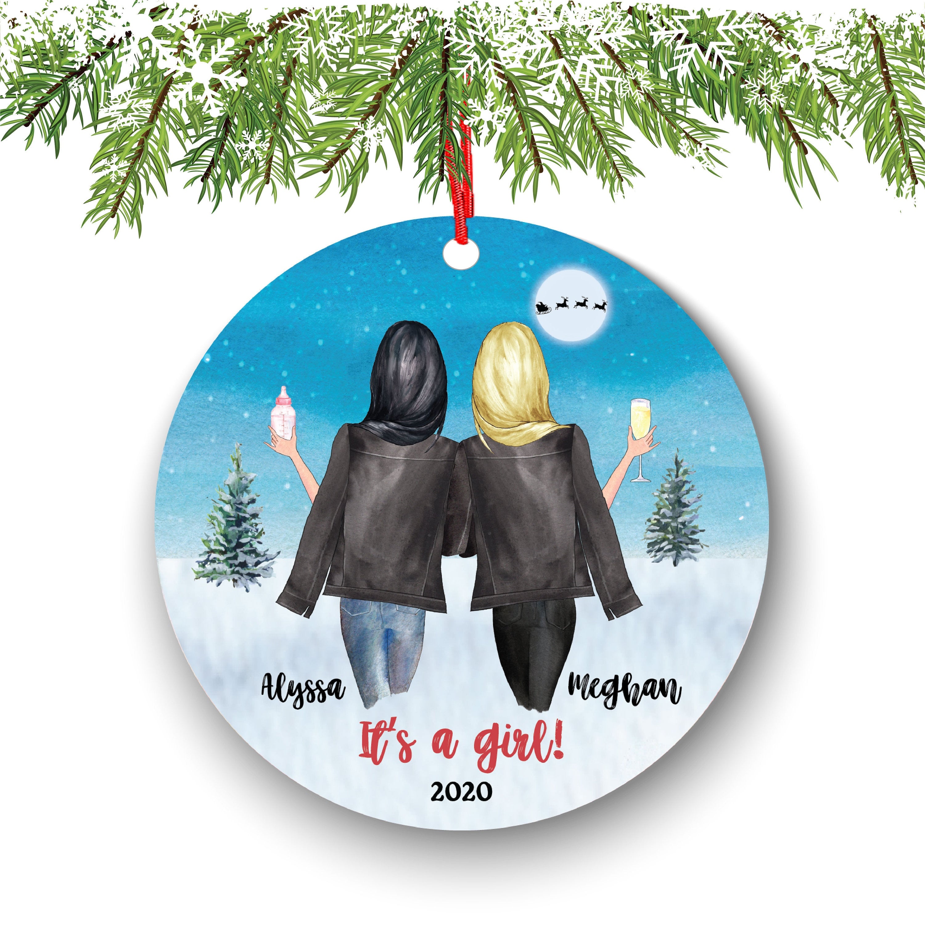Soul Sisters for Personalized Christmas Ornament Best Friends Portrait for Pregnant Besties, BFF Gift Friend Expecting We are Baby Girl Boy
