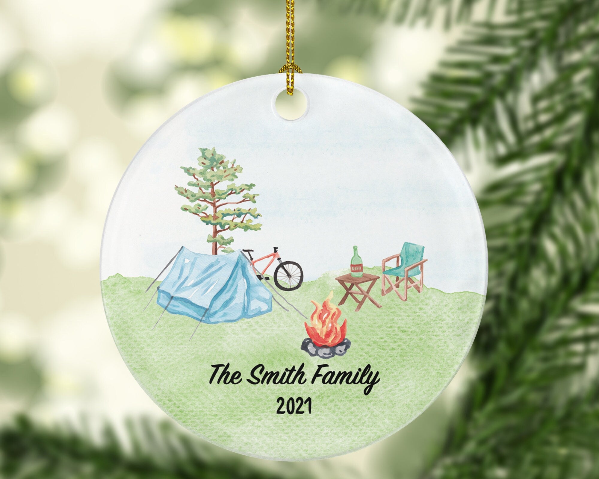 Camper Ornament - Camping Tent Family Christmas Bicycle Fire Vacation Trip Recreational Personalized Gift
