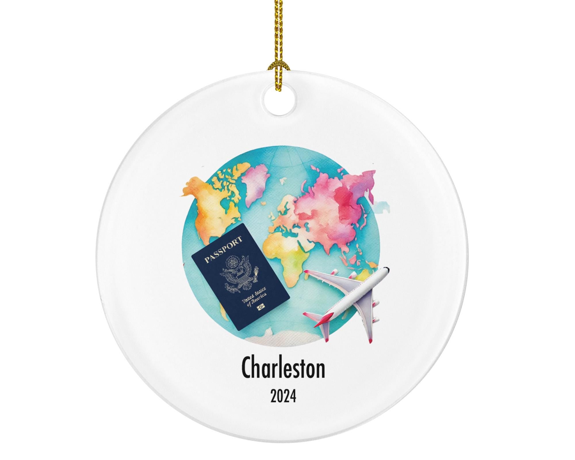Traveler Christmas Ornament Personalized - Vacation Travel Lover Gift For International Traveler - Passport Plane Map - Custom Name Year