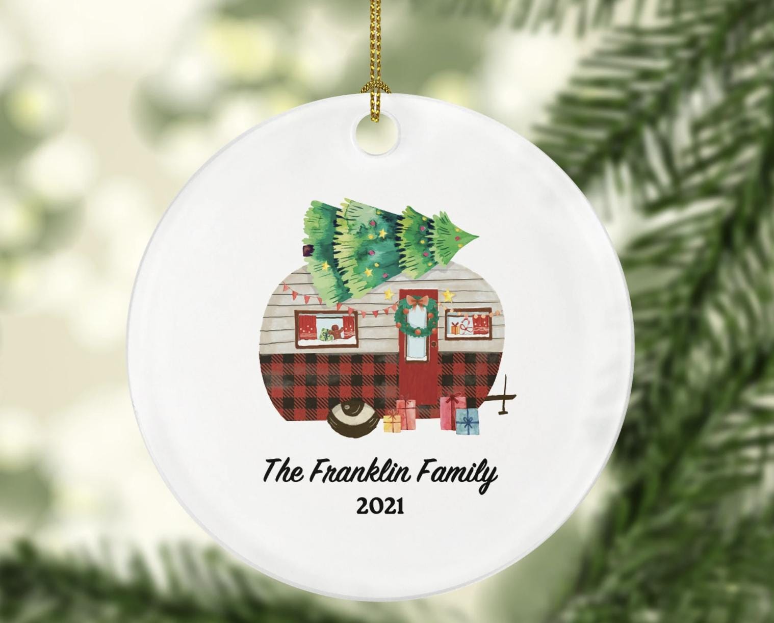 Camping Pull Trailer RV Camper Family Christmas Ornament - Personalized Vacation Red Lumberjack Recreational Gift