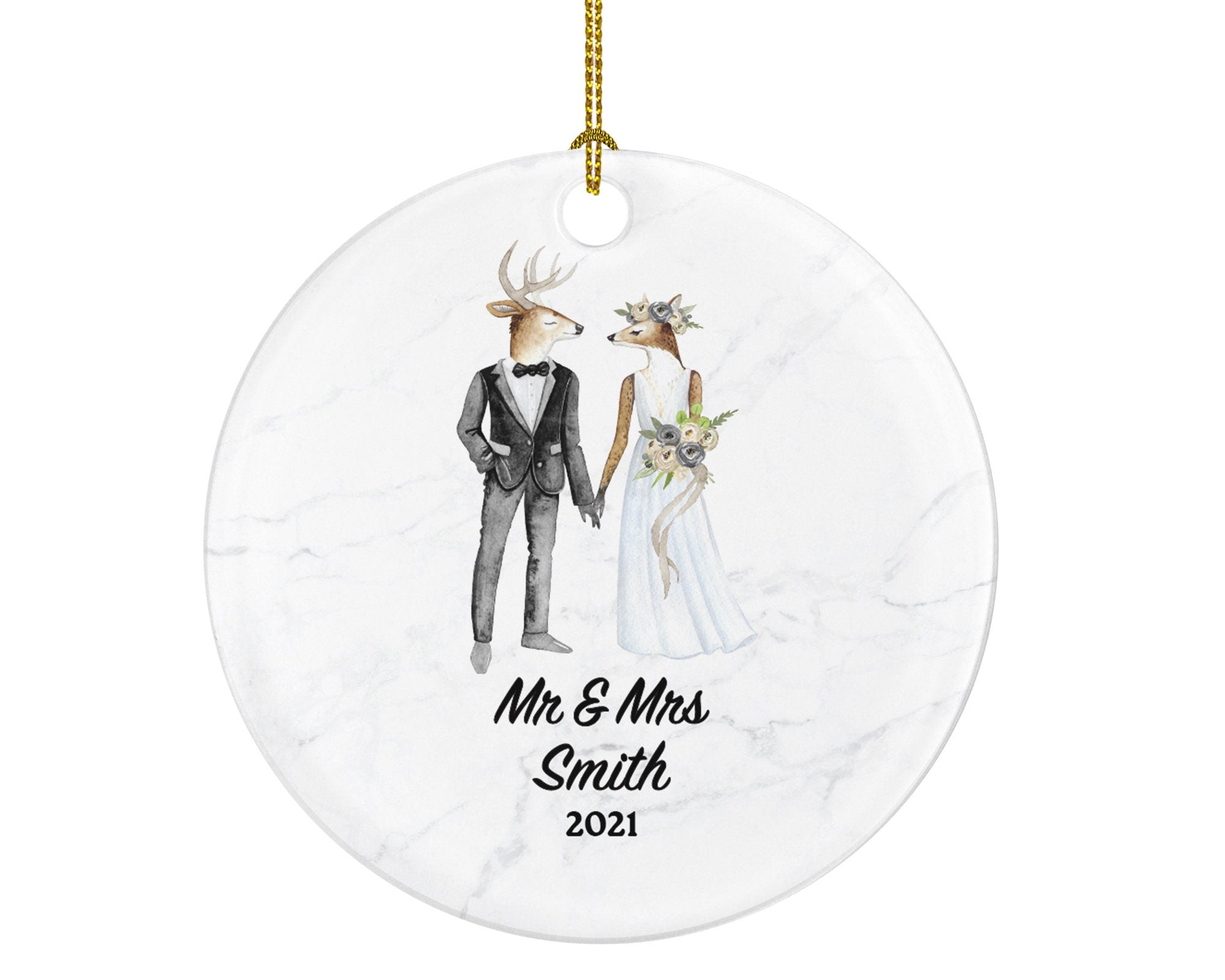 Mr & Mrs Married Couple Christmas Ornament Personalized - Deer Bride and Groom Newlywed Our First Christmas Gift