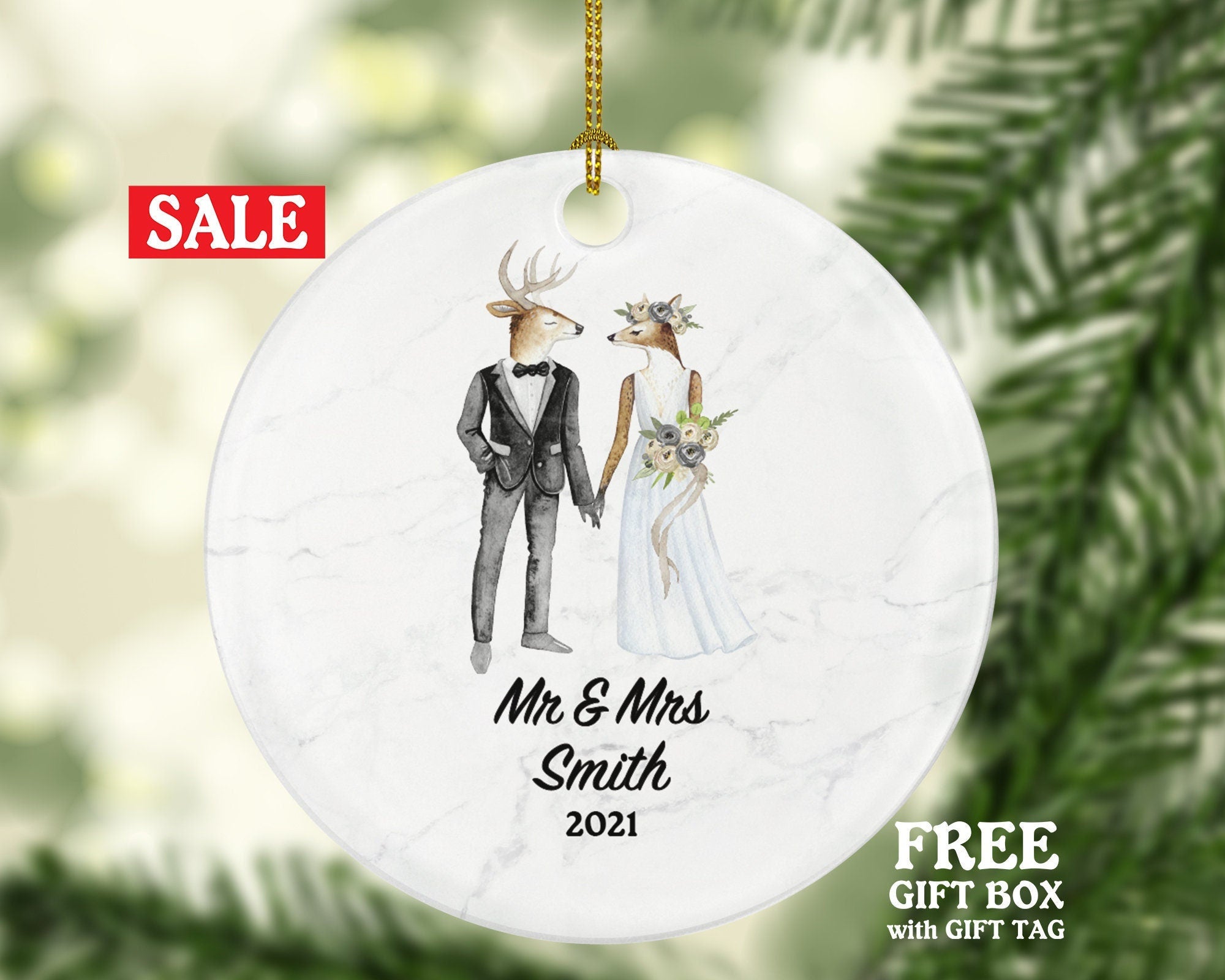 Mr & Mrs Married Couple Christmas Ornament Personalized - Deer Bride and Groom Newlywed Our First Christmas Gift