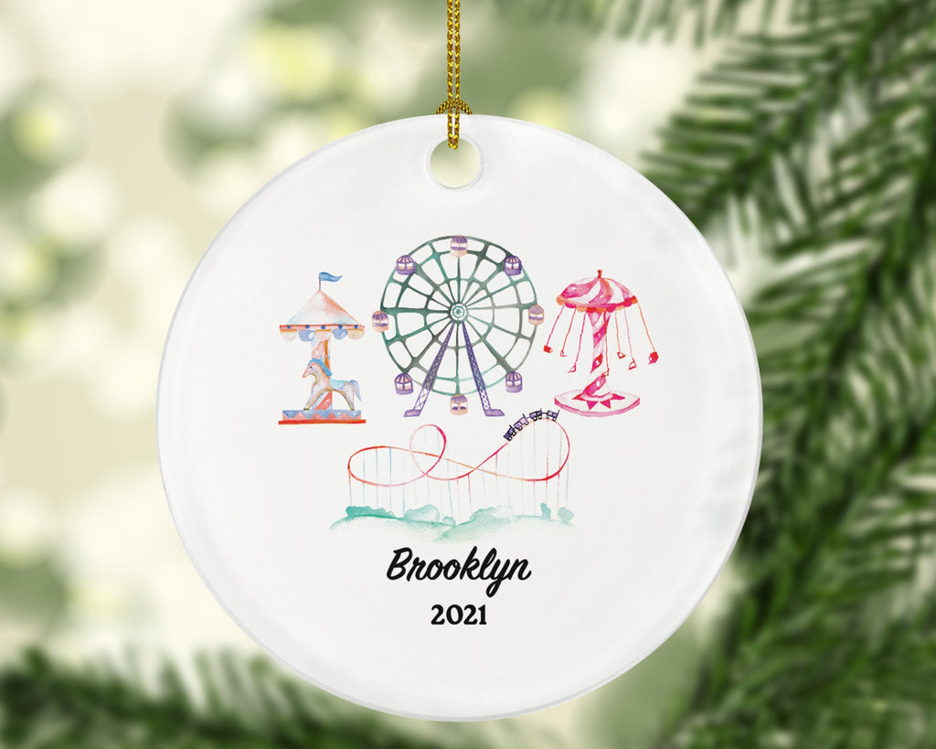 Amusement Park Christmas Ornament - Personalized Theme Park Worker Gift - Carousel Roller Coaster Ferris Wheel Fairgrounds Vacation Travel