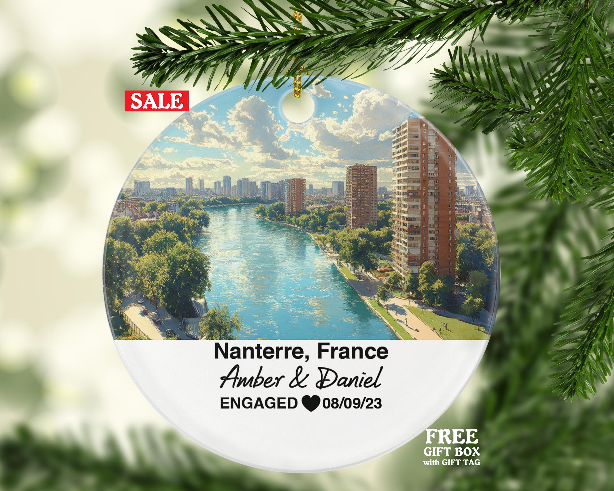 Personalized Nanterre France Christmas Ornament, La Défense Skyline, Seine River Views, Mr & Mrs Wedding, Engagement, or Honeymoon Keepsake for Couples