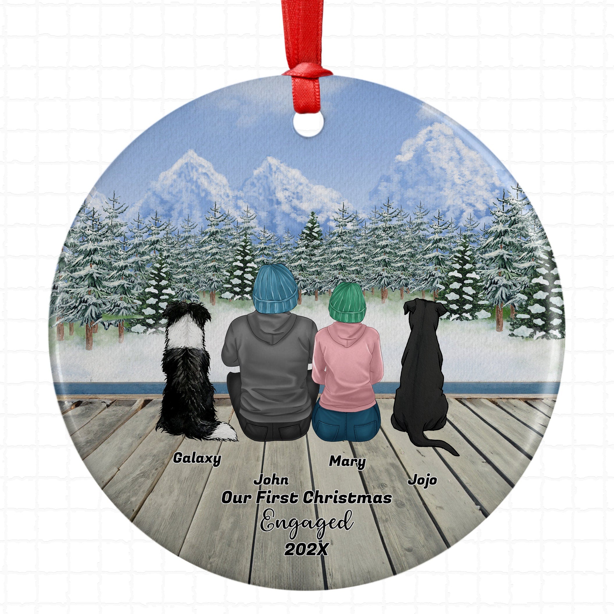 Personalized Engagement Christmas Ornament with Pet Custom Ceramic Keepsake for Couples Dog Cat Owners Engagement Holiday Gift Winter Scene