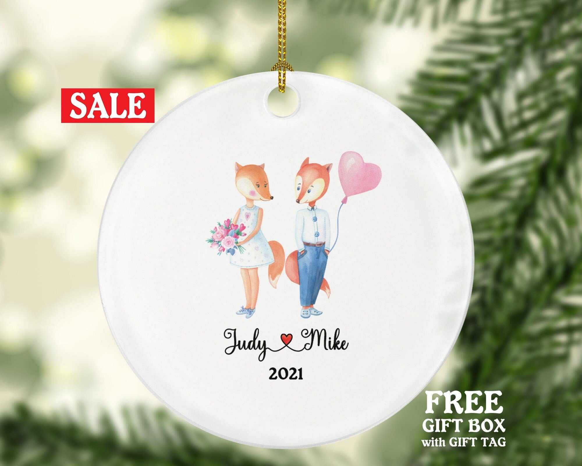 Couple  Christmas Ornament Personalized - Valentines Together Lovers - New Fox Couple Gift Names and Year