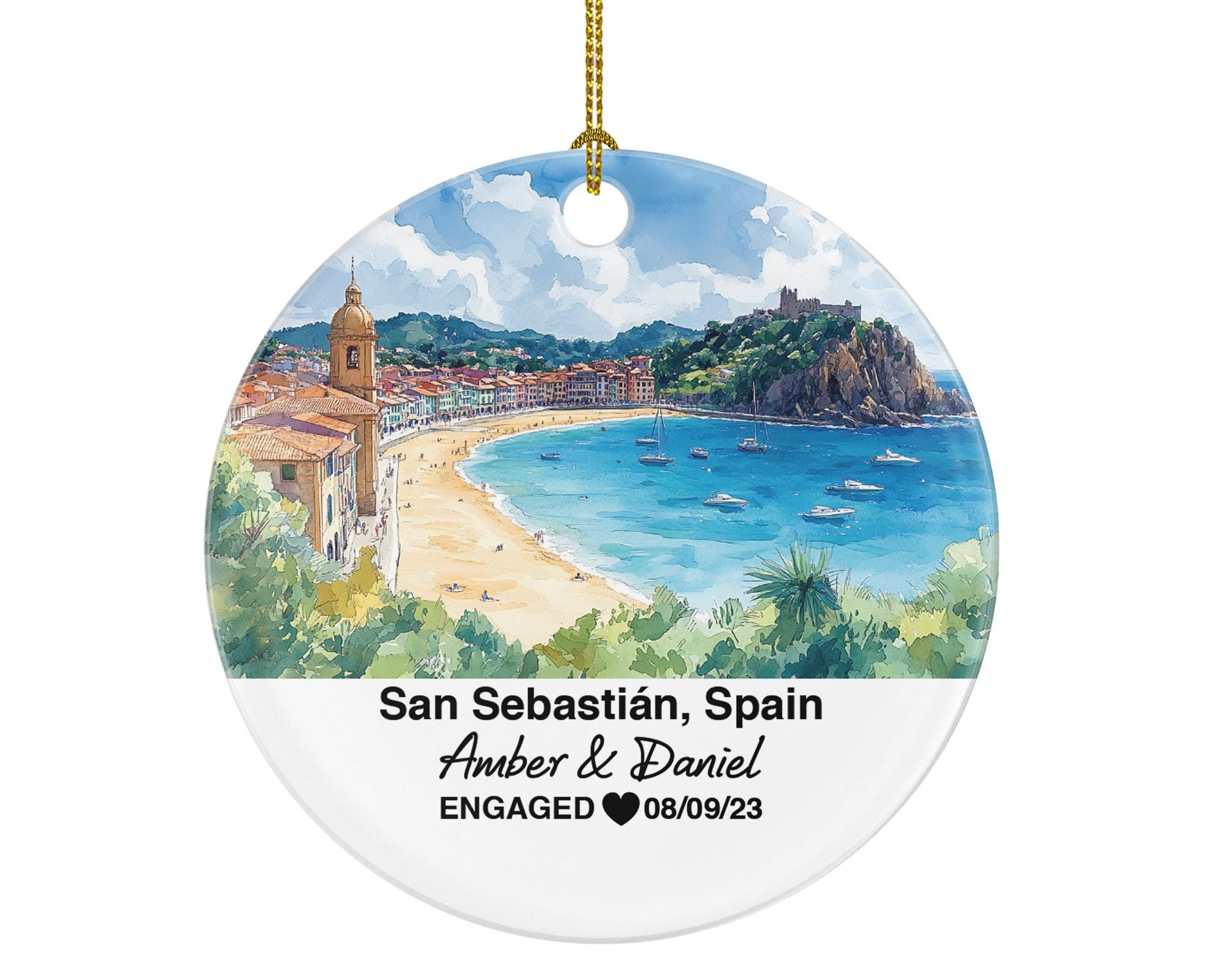 San Sebastián Spain Round Ceramic Christmas Ornament – Personalized Holiday Keepsake, Custom Couple Gift for Wedding or Honeymoon