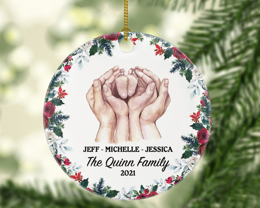Personalized Family of 3 Christmas Ornament - Our First Ornament Custom Names for Three Gift for Family with Newborn Infant Foots in Hands