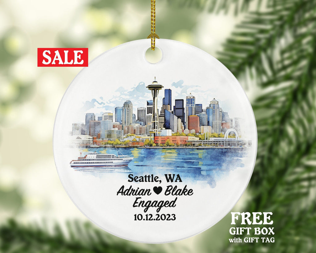 Seattle Washington Christmas Ornament Personalized, WA Engaged Married Family Together Couple Travel Honeymoon Wedding Engagement Marriage