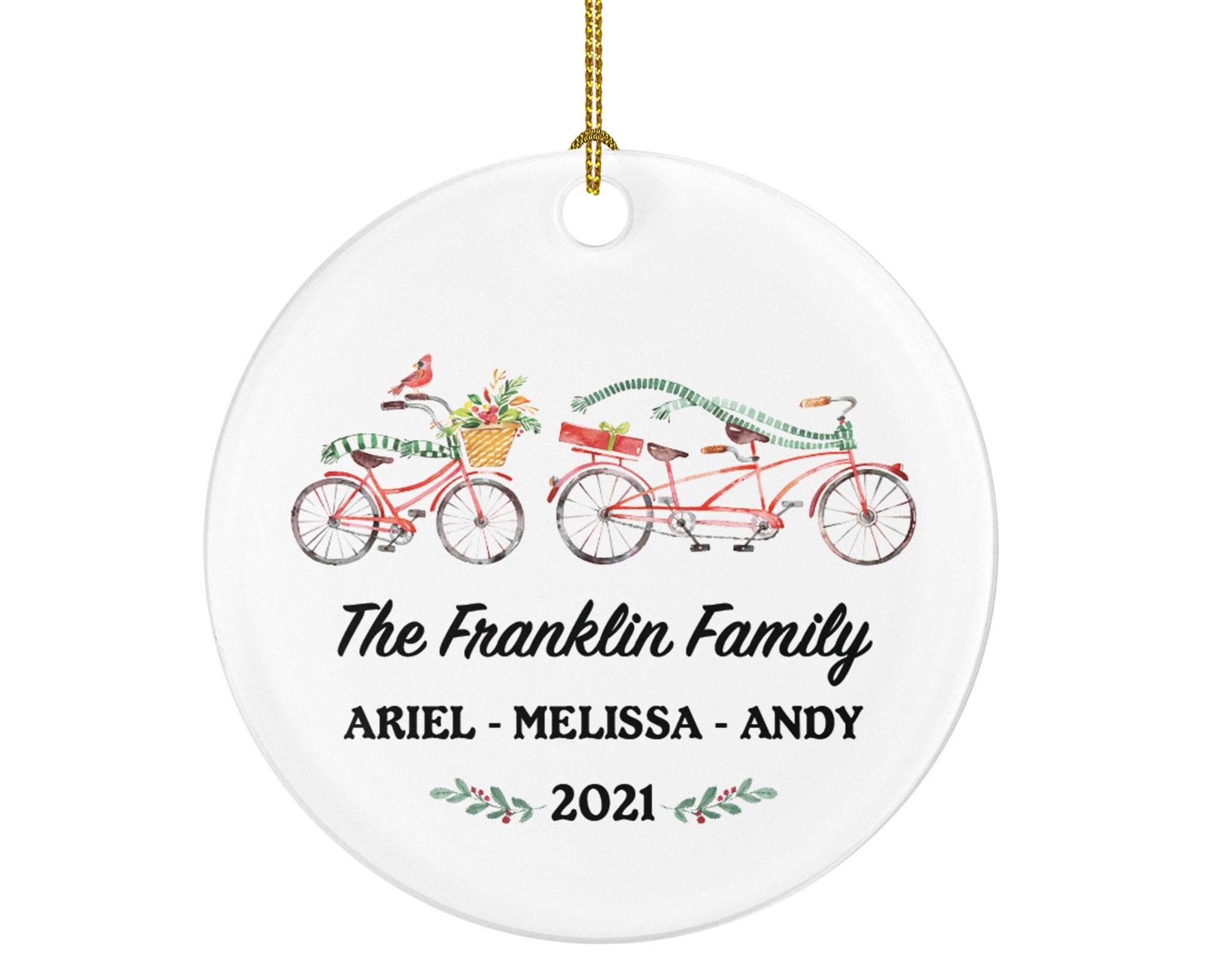Family of 3 Personalized Christmas Ornament - Bicycle Bike Tandem Customized Holiday Gift Custom Names Outdoor Activity Mother Father Child