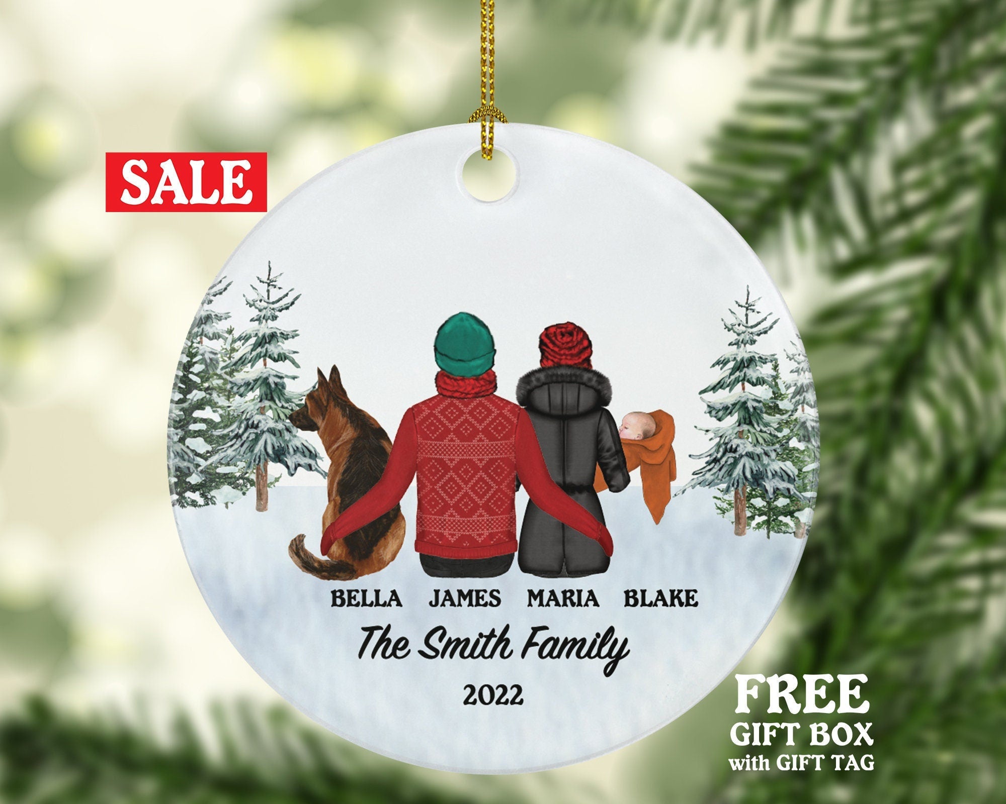 Family of 3 Baby and Dog Cat Pet Personalized Christmas Ornament Custom Fur New Infant Mom Dad Newborn Gift Lover Owner Holiday Rescue