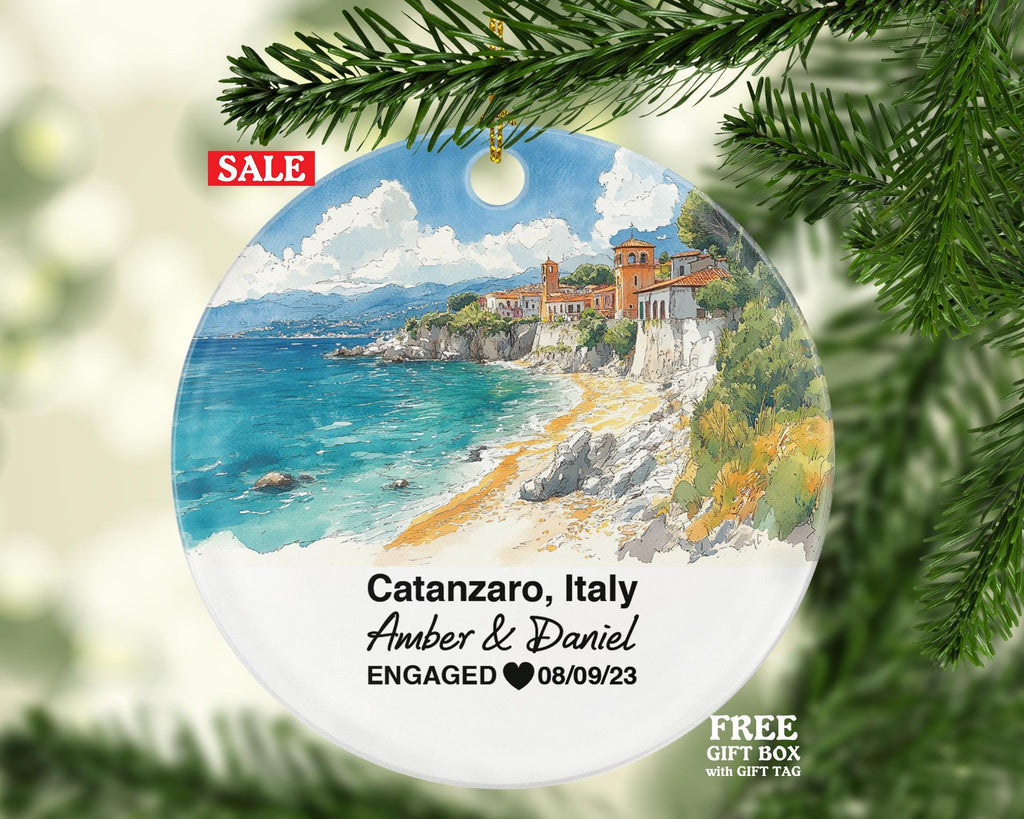 Personalized Catanzaro Italy Christmas Ornament, Ionian Sea, Città Vecchia, Custom Honeymoon, Engagement, Wedding Keepsake for Couples