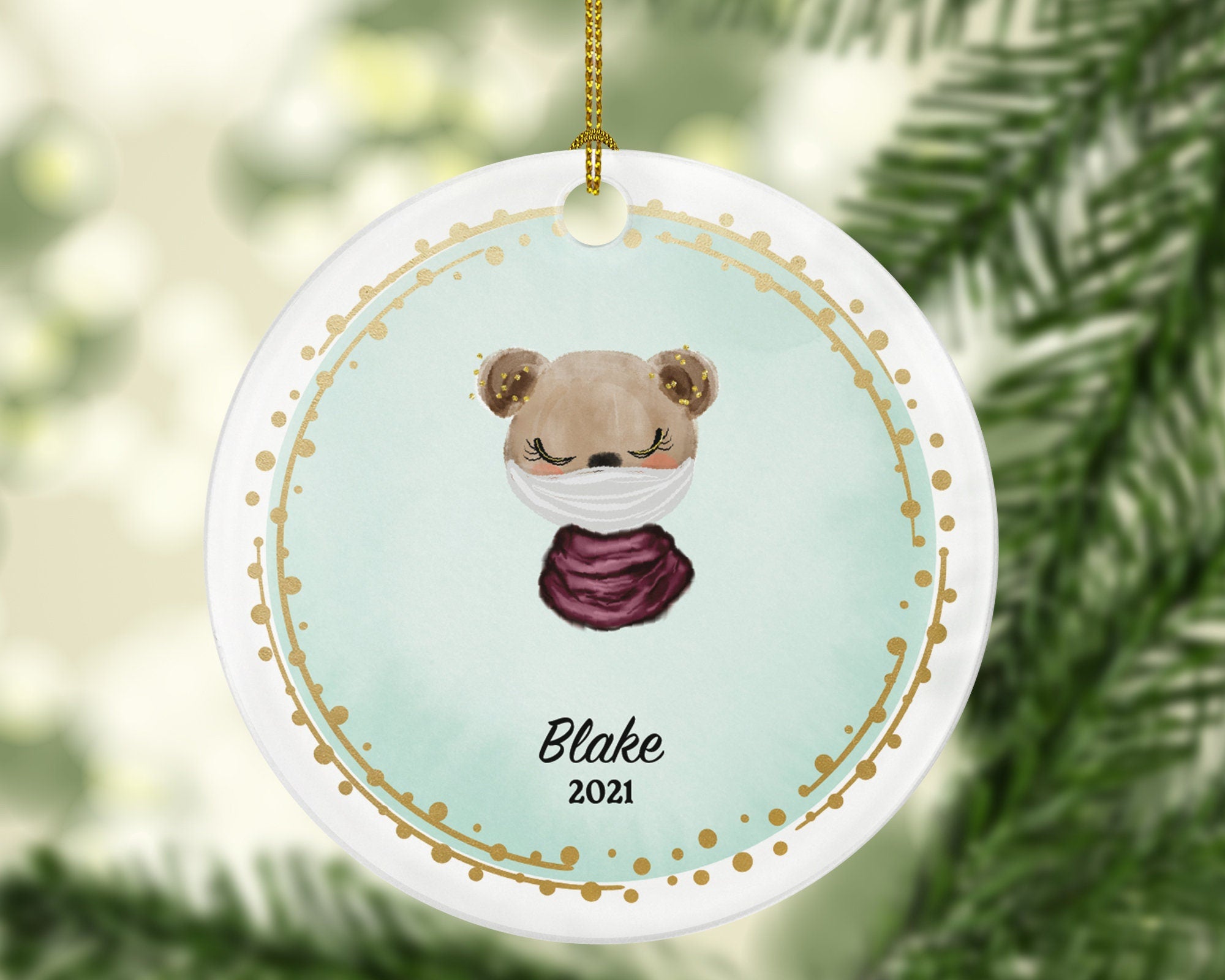 Kid with mask Christmas Ornament Personalized, Custom Child Children Baby Covid Quarantine Survivor Bear Pandemic