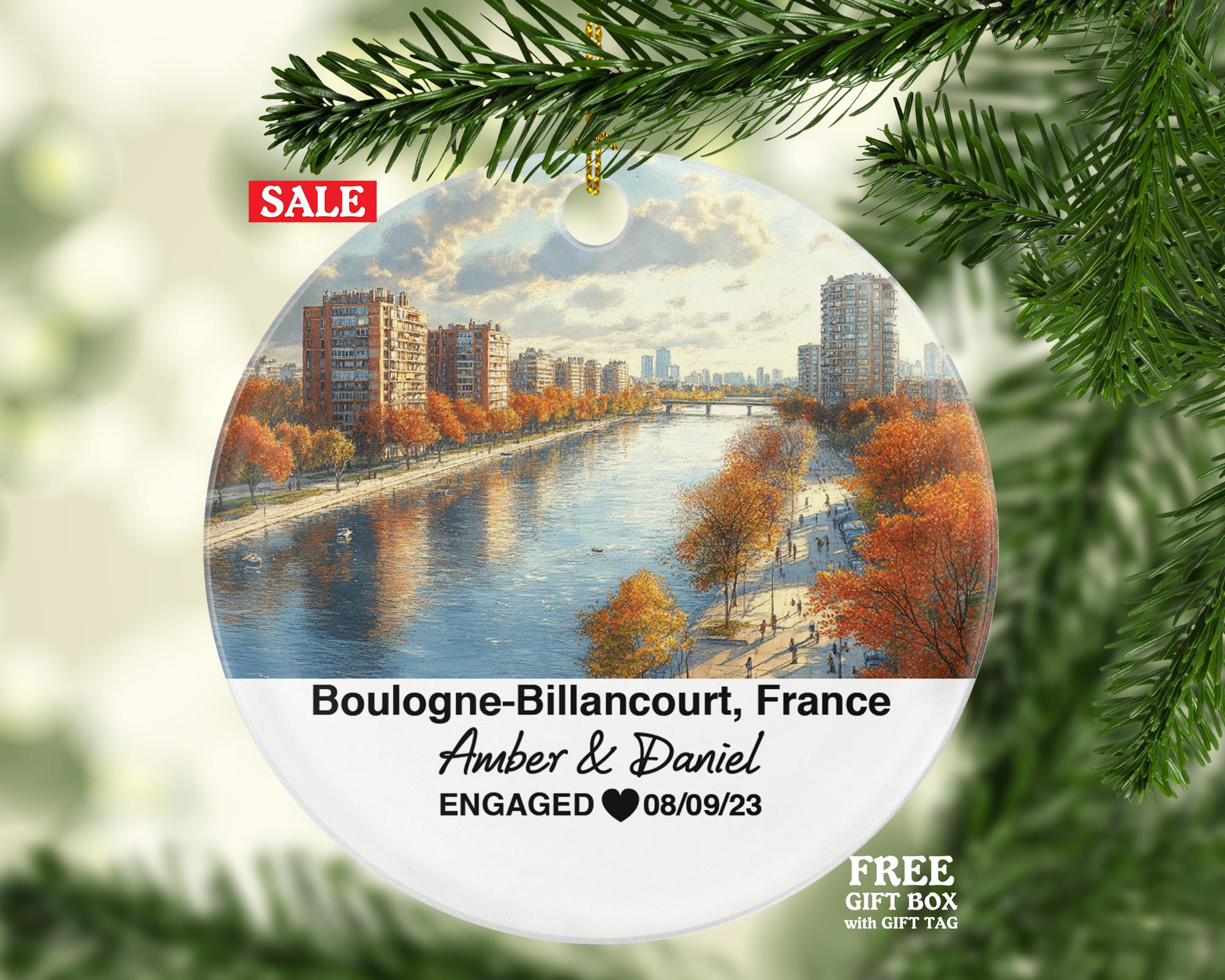 Personalized Boulogne-Billancourt France Christmas Ornament, Seine River, Mr & Mrs Wedding, Engagement, or Honeymoon Keepsake for Couples