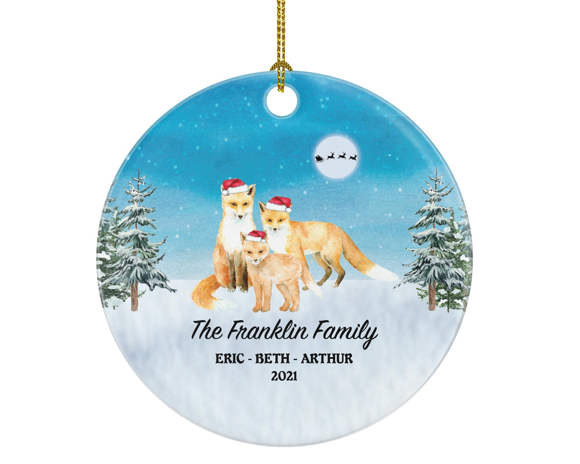 Personalized Family of 3 Christmas Ornaments Fox Foxes Family Custom Names Watercolor Family of Three First Ornament Gift for with Kids Xmas