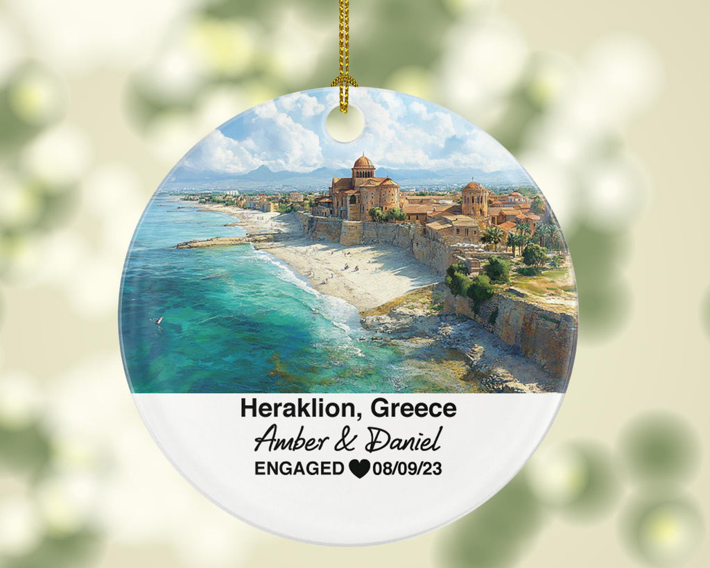 Heraklion Greece Round Ceramic Christmas Ornament – Personalized Holiday Keepsake, Custom Couple Gift for Wedding or Honeymoon
