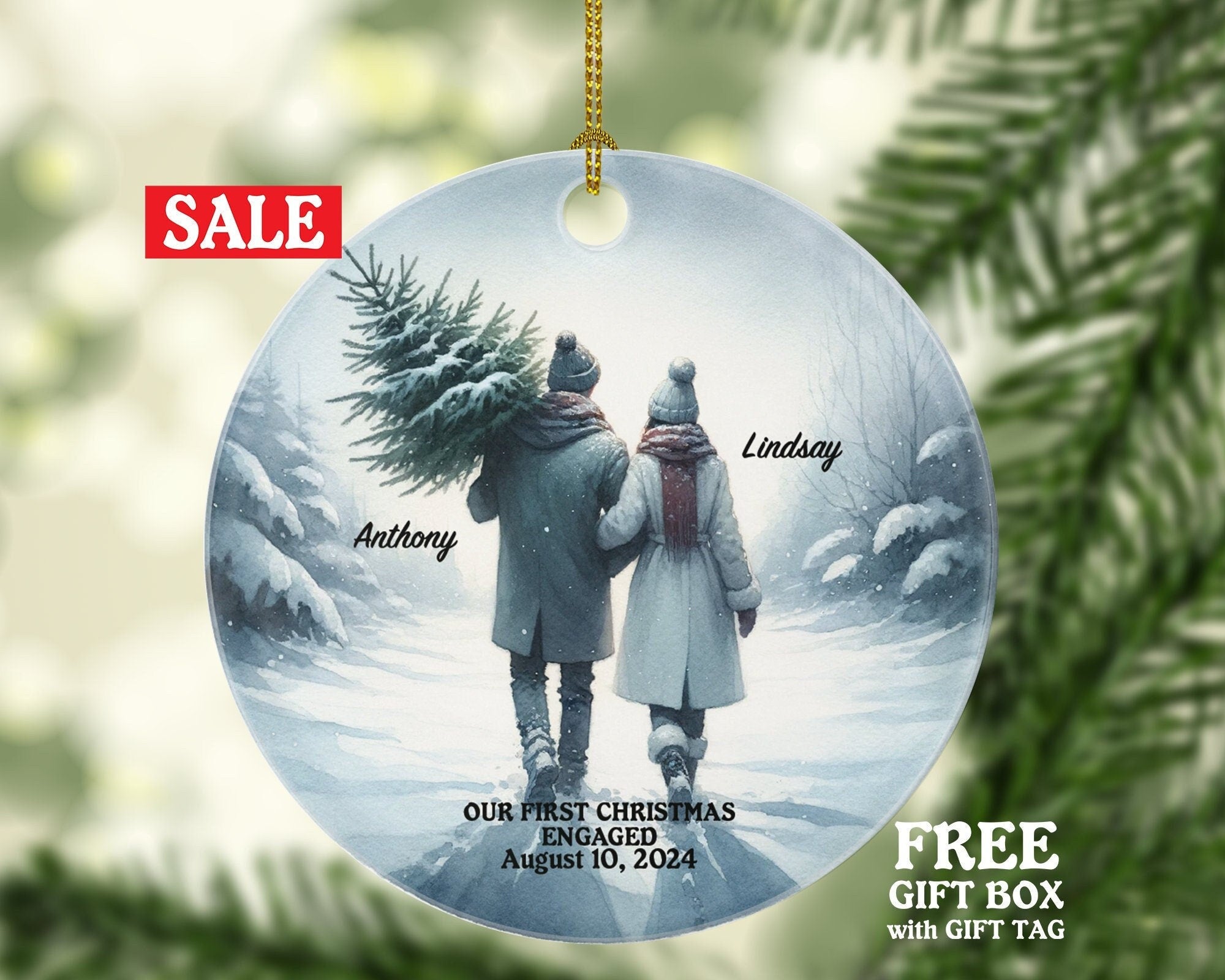 First Christmas Engaged Custom Ornament - Personalized Engagement Announcement Couple Gift - Custom Date Name - Future Husband Wife