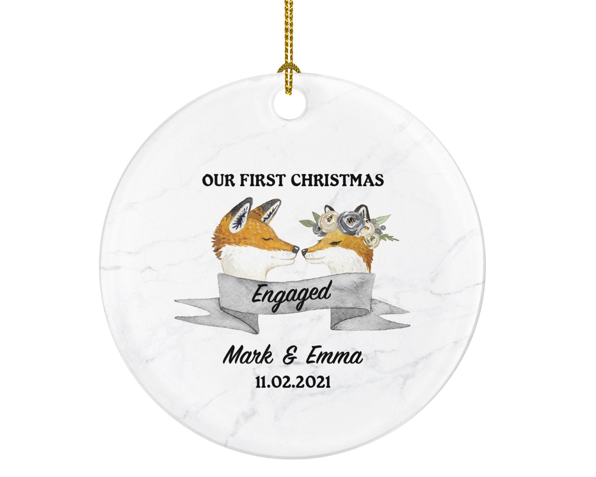 First Christmas Engaged Personalized Ornament - Engagement Announcement Couple Gift - Fox Couple
