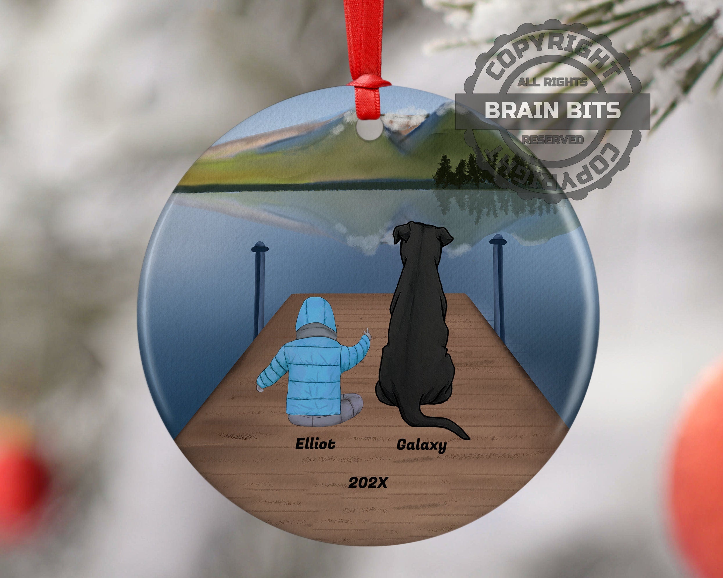 Personalized Baby Boy Son Kid Child Grandchild Grandson Pet Christmas Ornament Custom Ceramic Dog Cat Owners Holiday Gift Lake Scene