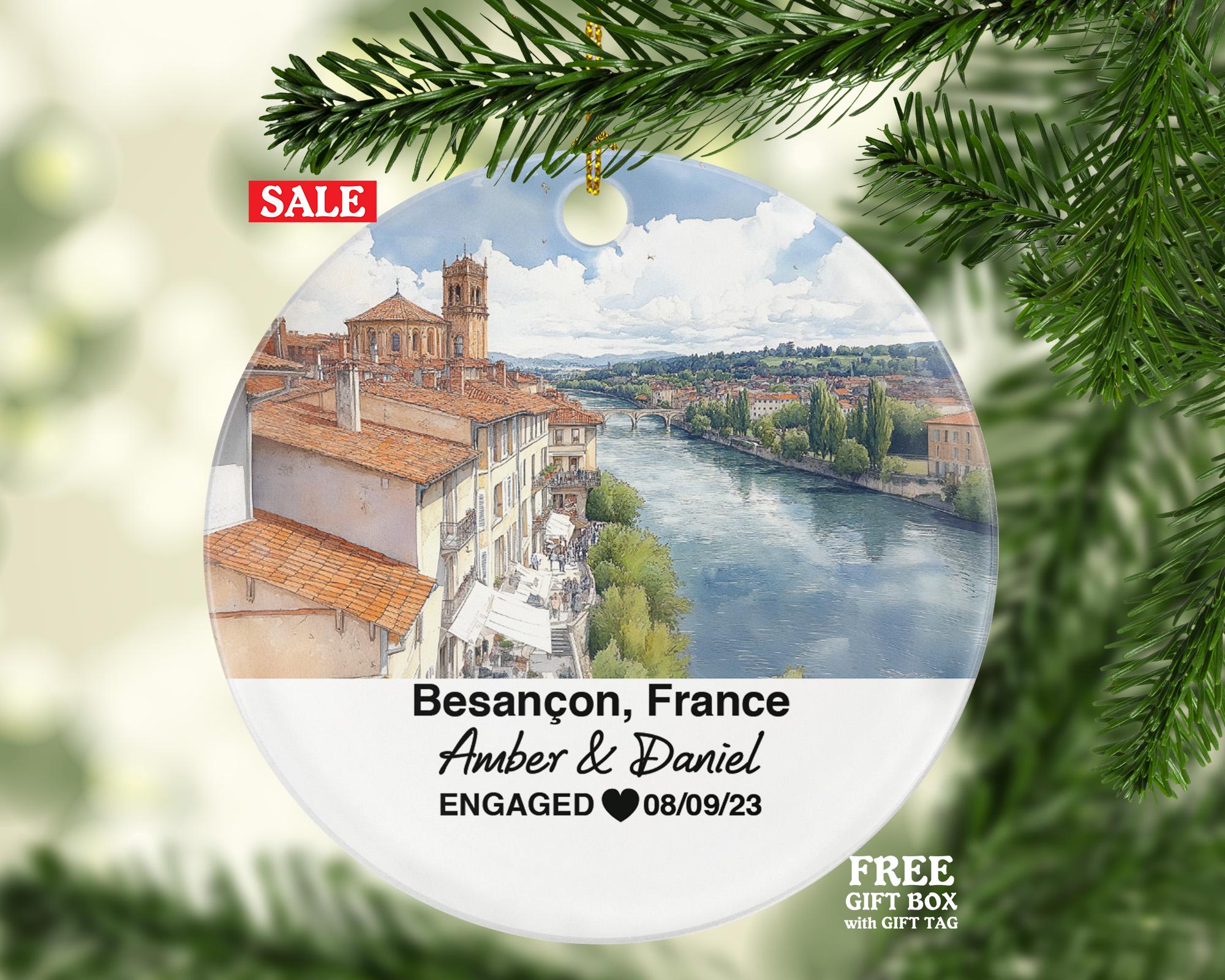 Personalized Besancon France Christmas Ornament, Citadelle de Besançon, Mr & Mrs Wedding, Engagement, or Honeymoon Keepsake for Couples