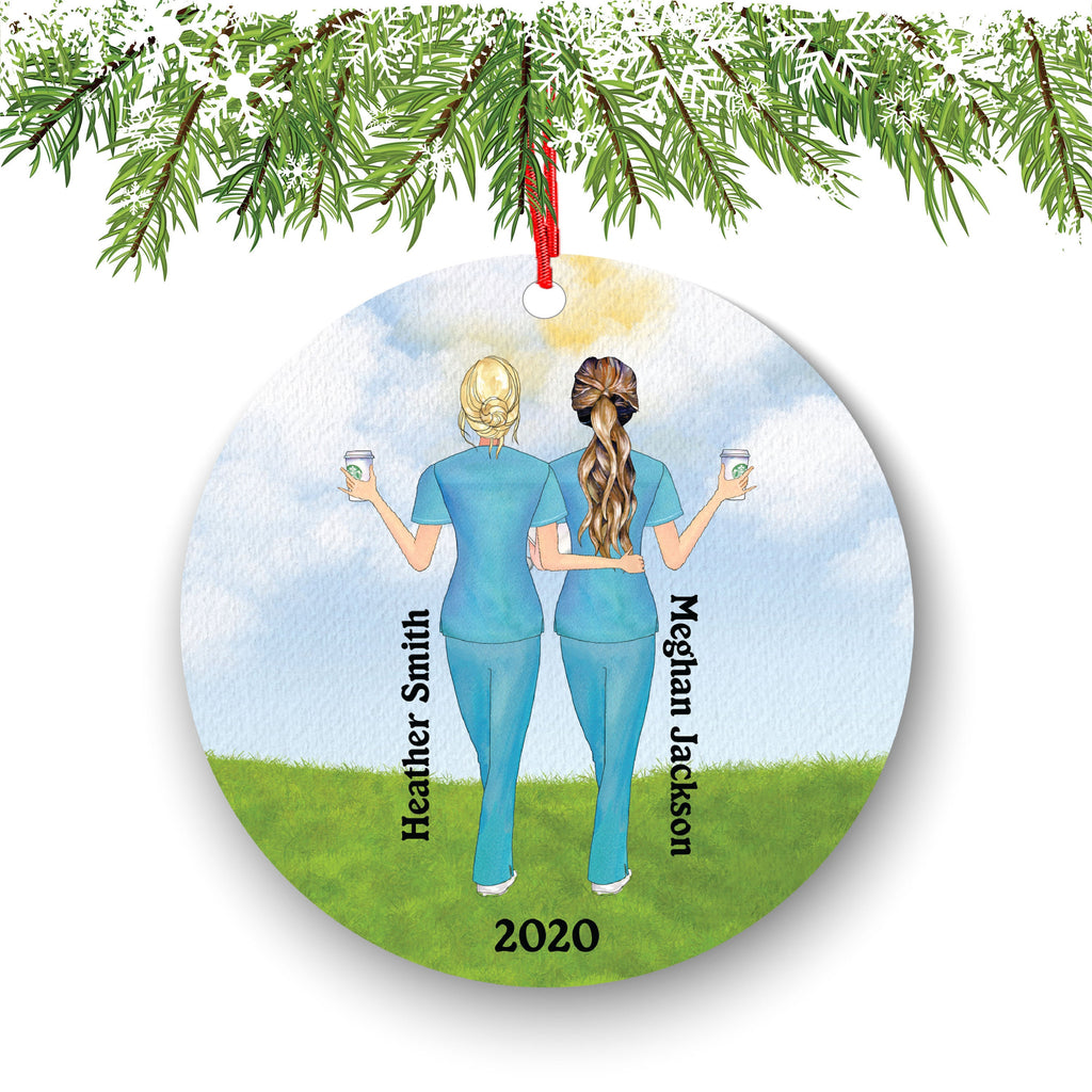 Personalized Nurse Medical Doctor Scrub Female Besties Best Friends Christmas Ornament Therapist Physician Pulmonary MD Custom Portrait Gift