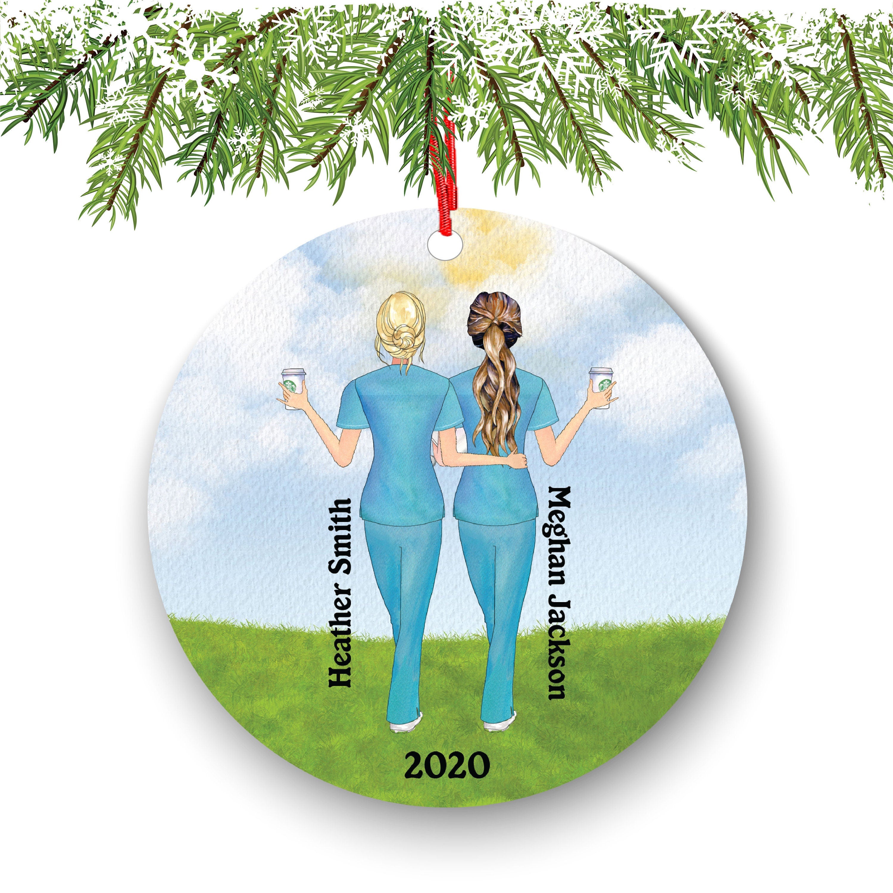 Personalized Nurse Medical Doctor Scrub Female Besties Best Friends Christmas Ornament Therapist Physician Pulmonary MD Custom Portrait Gift