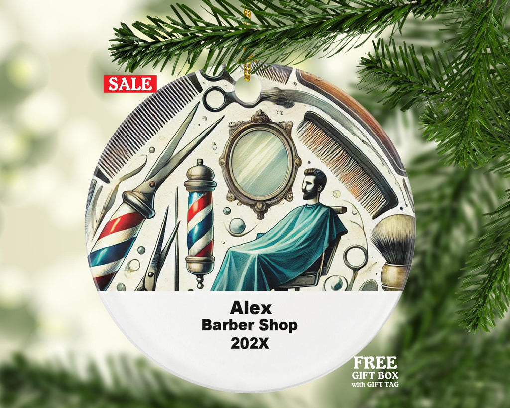 Personalized Barber Shop Ornament – Custom Gift for Barbers – Hair Stylist Ornament with Name and Year