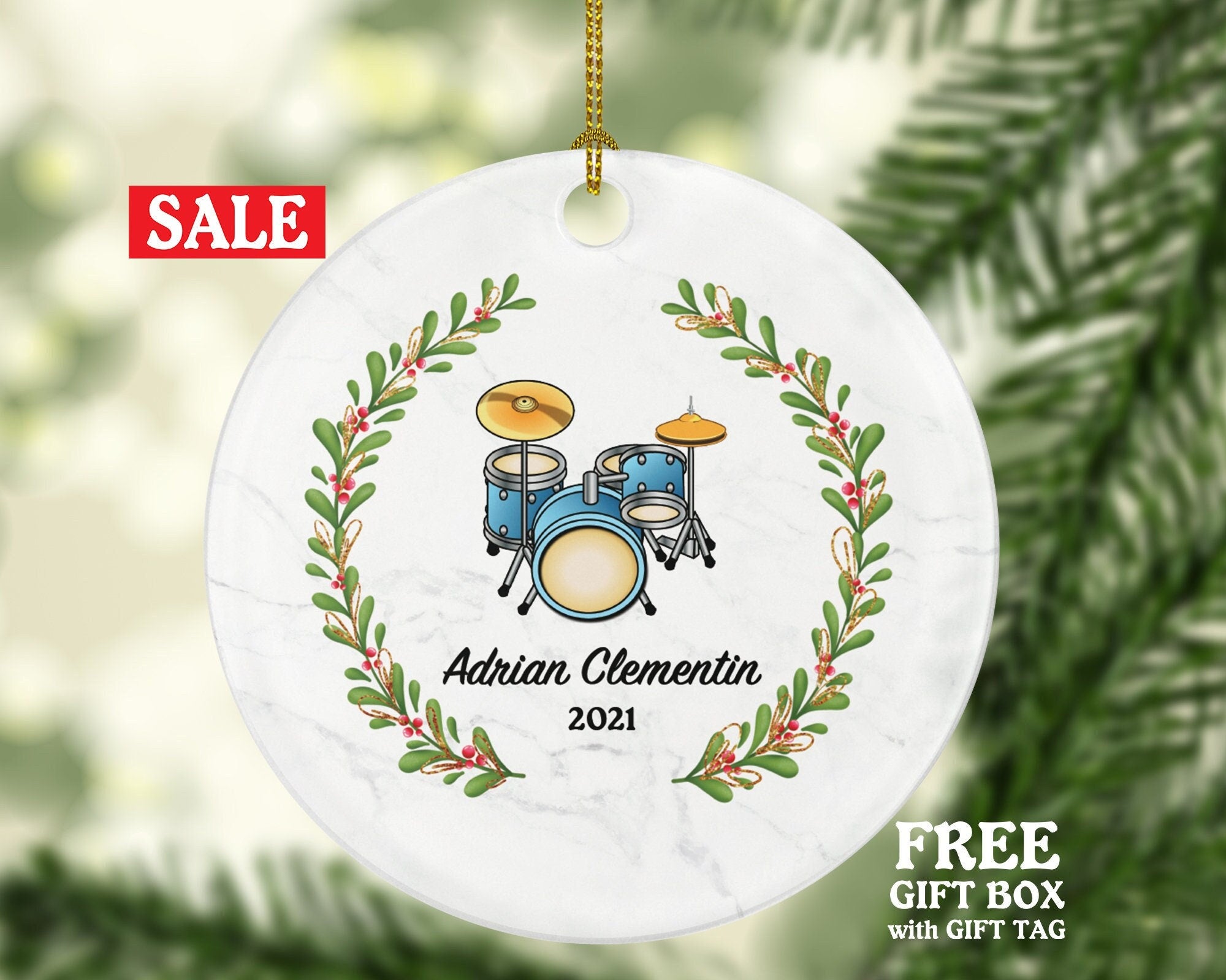 Drum Set Christmas Ornament Personalized - Musical Instrument Drum Set Player Gift for Drums Player - Custom Name Year