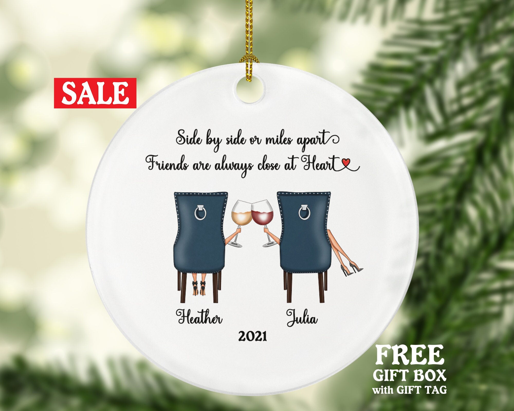 Wine Lover Girl Friends for 2 Christmas Ornament Personalized - Soul Sisters Best Friends BFF Gift, Besties