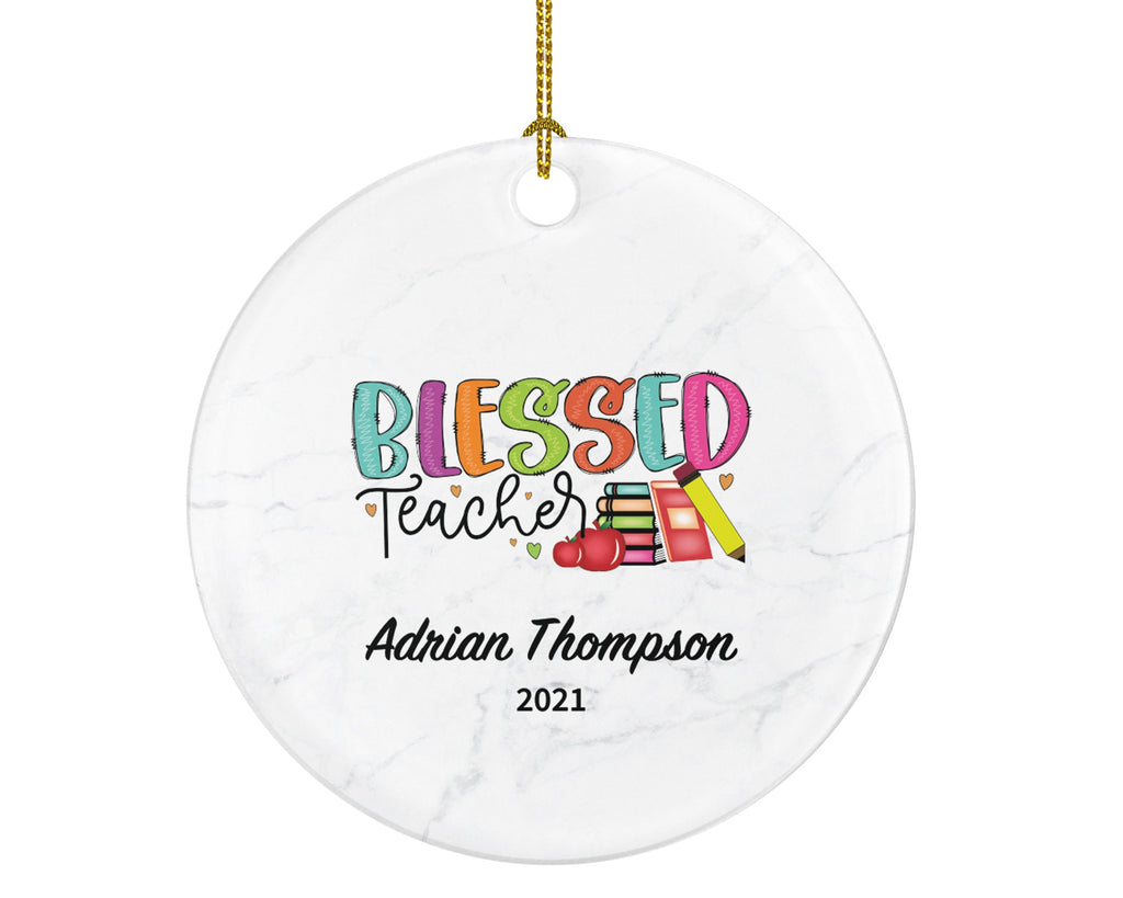 Teacher Ornament Personalized - Blessed Teacher Custom Gift Apple Books Pencil from Student Appreciation Mr Mrs School Graduate Graduation
