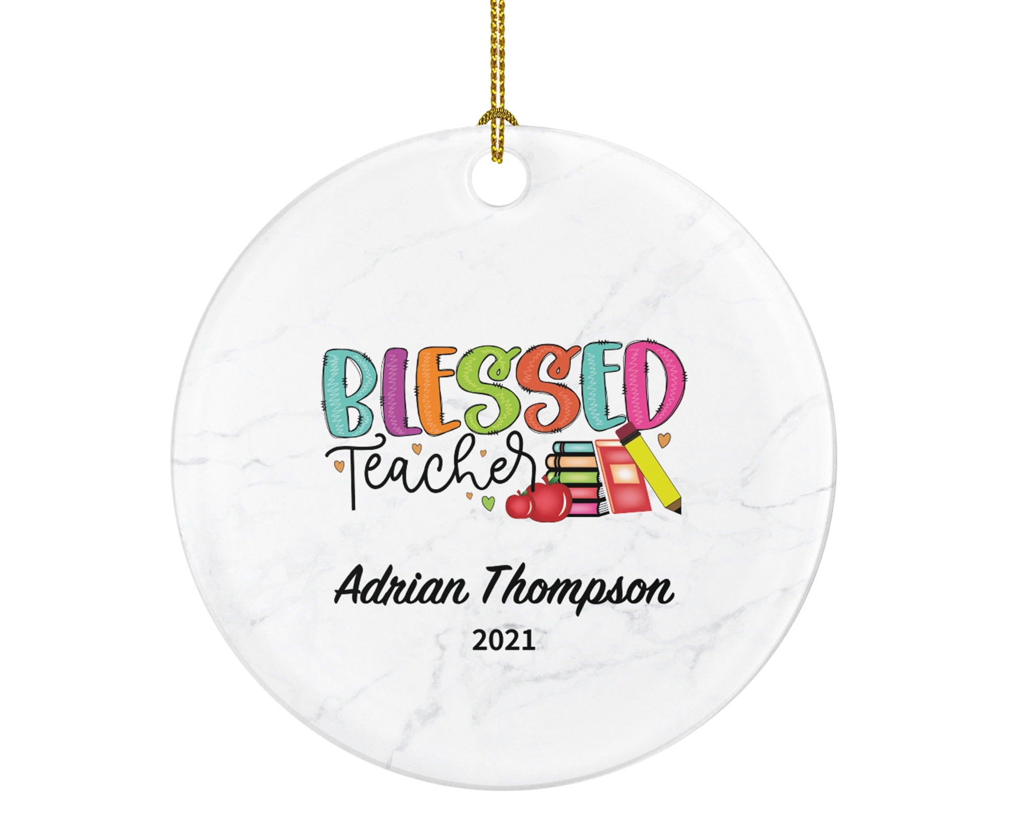 Teacher Ornament Personalized - Blessed Teacher Custom Gift Apple Books Pencil from Student Appreciation Mr Mrs School Graduate Graduation