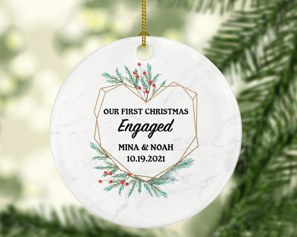 First Christmas Engaged Personalized Ornament - Engagement Announcement Couple Gift - Greenery Heart