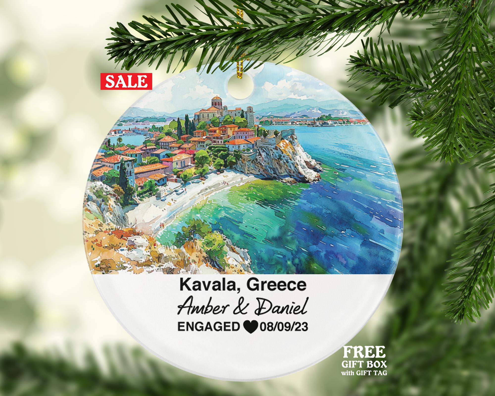 Kavala Greece Round Ceramic Christmas Ornament – Personalized Holiday Keepsake, Custom Couple Gift for Wedding or Honeymoon