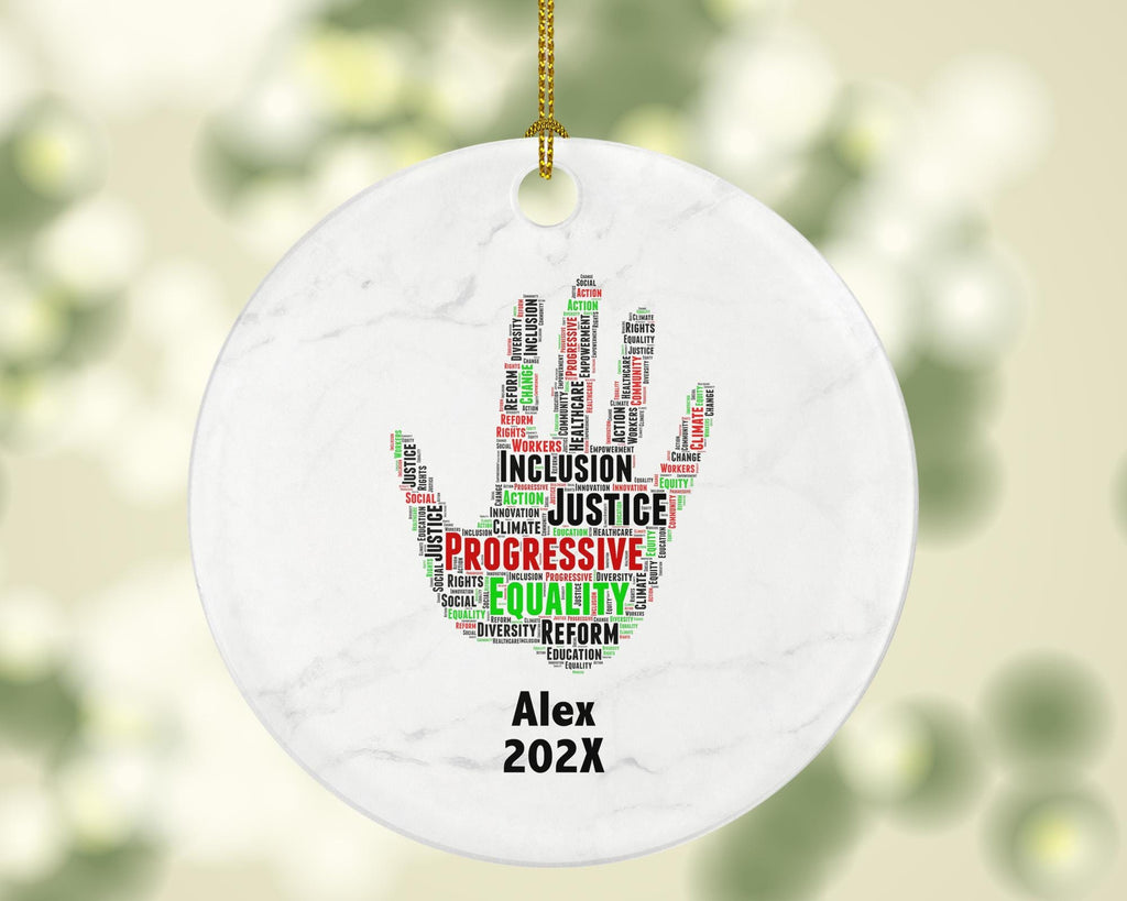 Progressive Equality Ornament – Justice, Inclusion & Diversity Word Art Gift – Personalized Hand Symbol Christmas Tree Decoration
