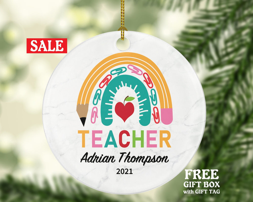 Teacher Ornament Personalized - Custom Gift from Student Appreciation Mr Mrs School Rainbow Graduate Graduation
