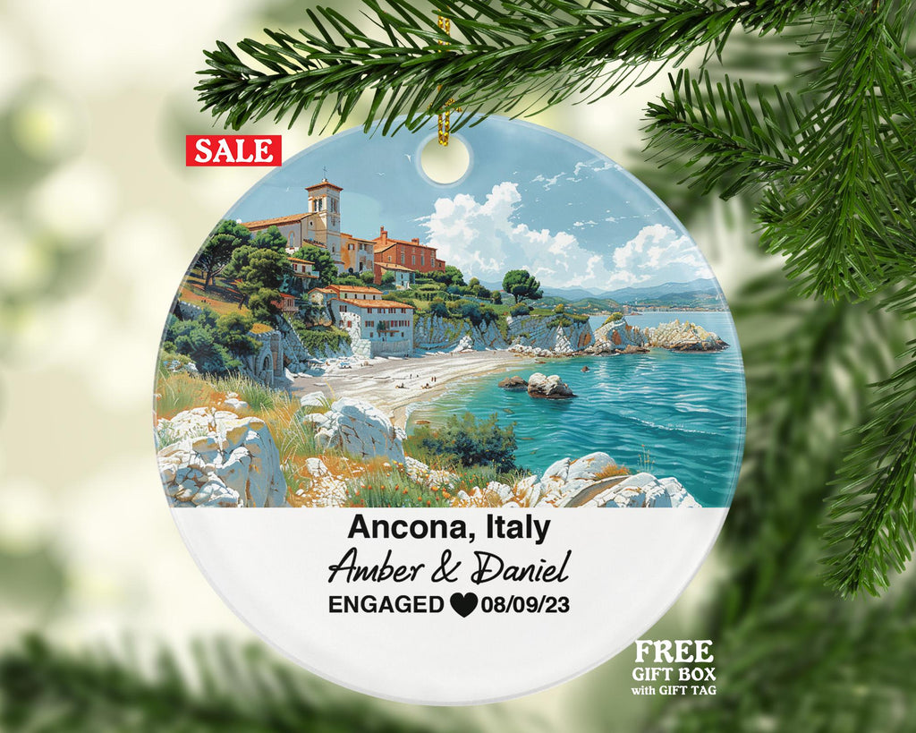 Personalized Ancona Italy Christmas Ornament, Adriatic Sea, Cathedral of San Ciriaco, Mr & Mrs Wedding, Engagement, or Honeymoon Keepsake for Couples