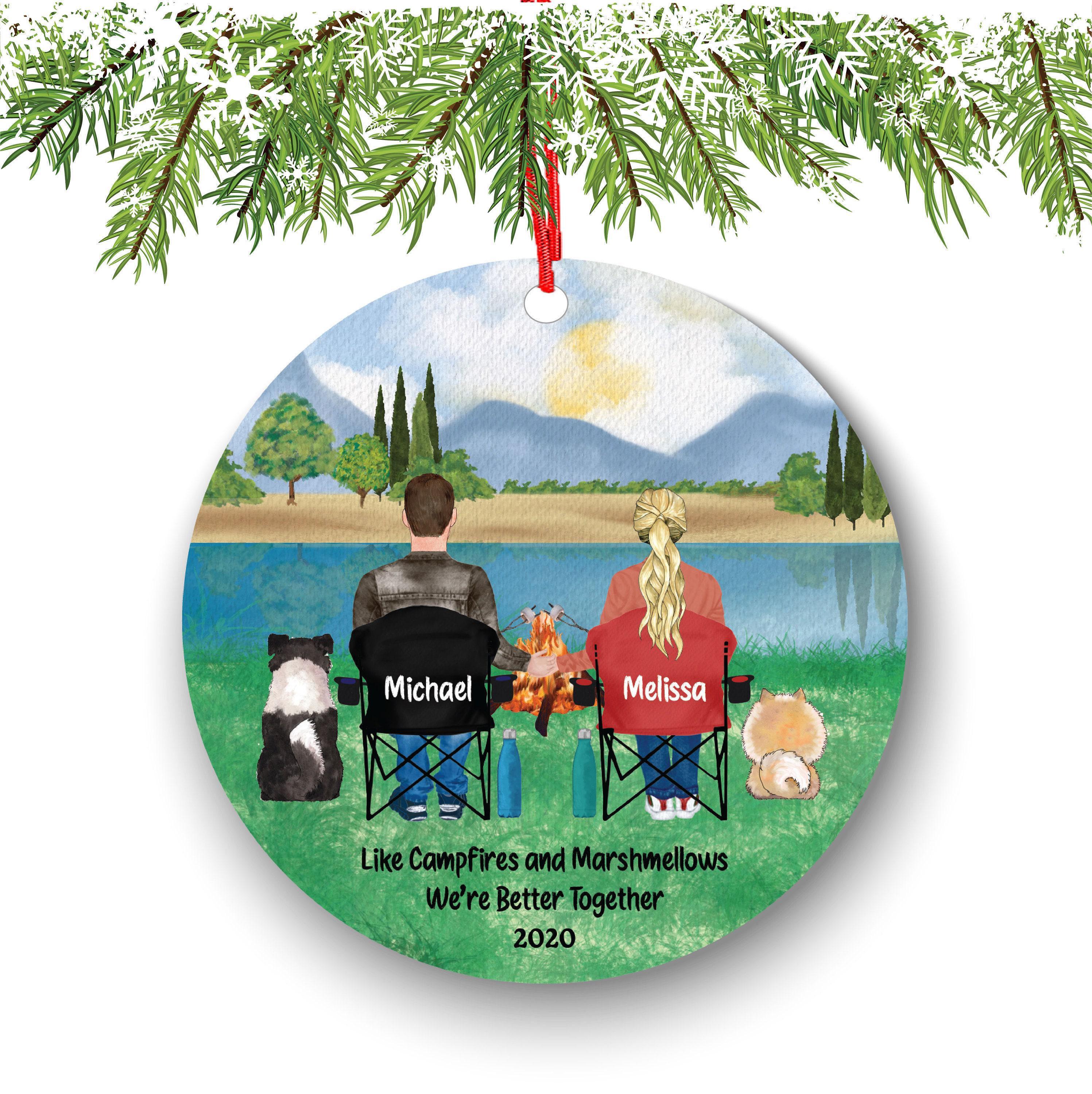 Personalized Camper Ornament: Couple with Dog and Cat in Forest