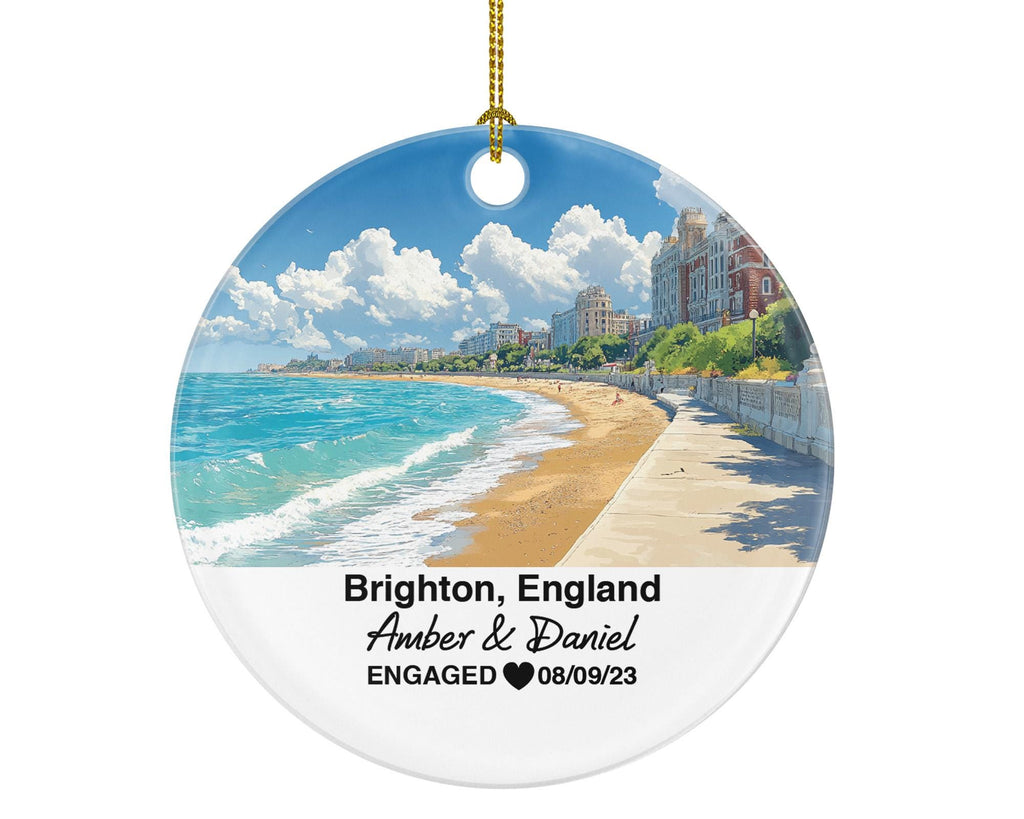 Brighton England Round Ceramic Christmas Ornament – Personalized Royal Pavilion Keepsake, Custom Couple Gift for Wedding or Honeymoon