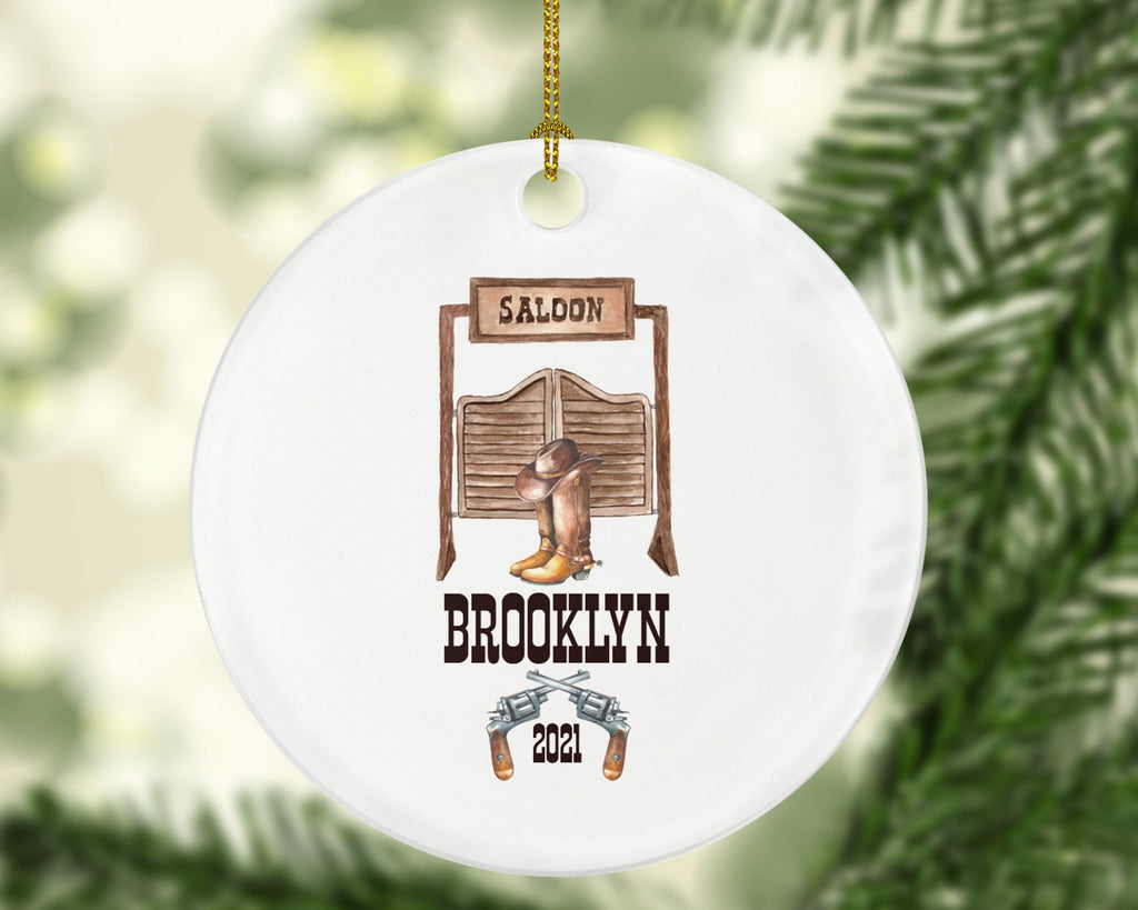 Cowboy Boot Hat Gun Saloon Western Christmas Ornament, Bull Rider Gift Rancher Texas Cowgirl Farm Personalized Xmas Present