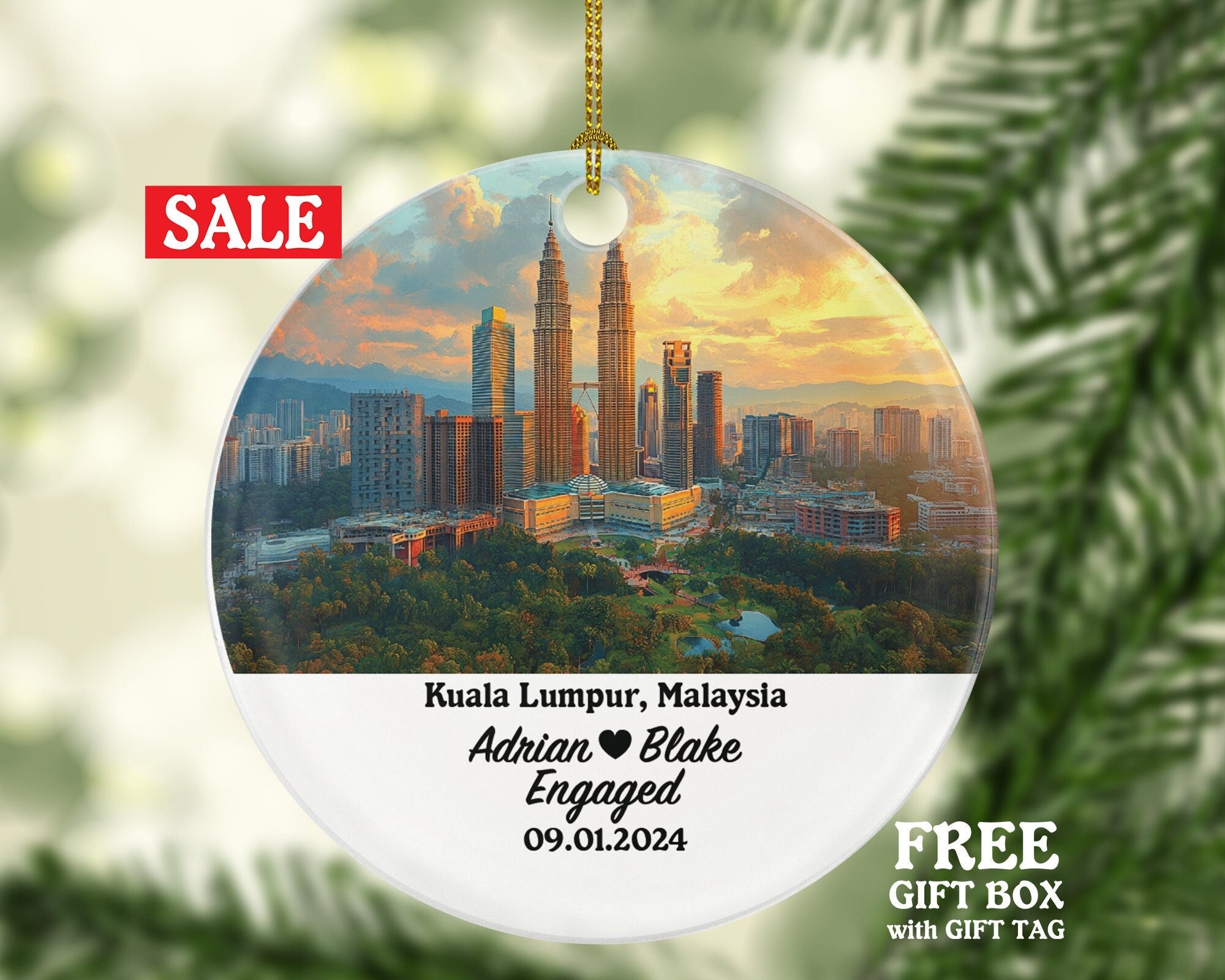 Kuala Lumpur Christmas Ornament Personalized - Malaysia Engaged Married Family Together Couple Travel Honeymoon Engagement Marriage