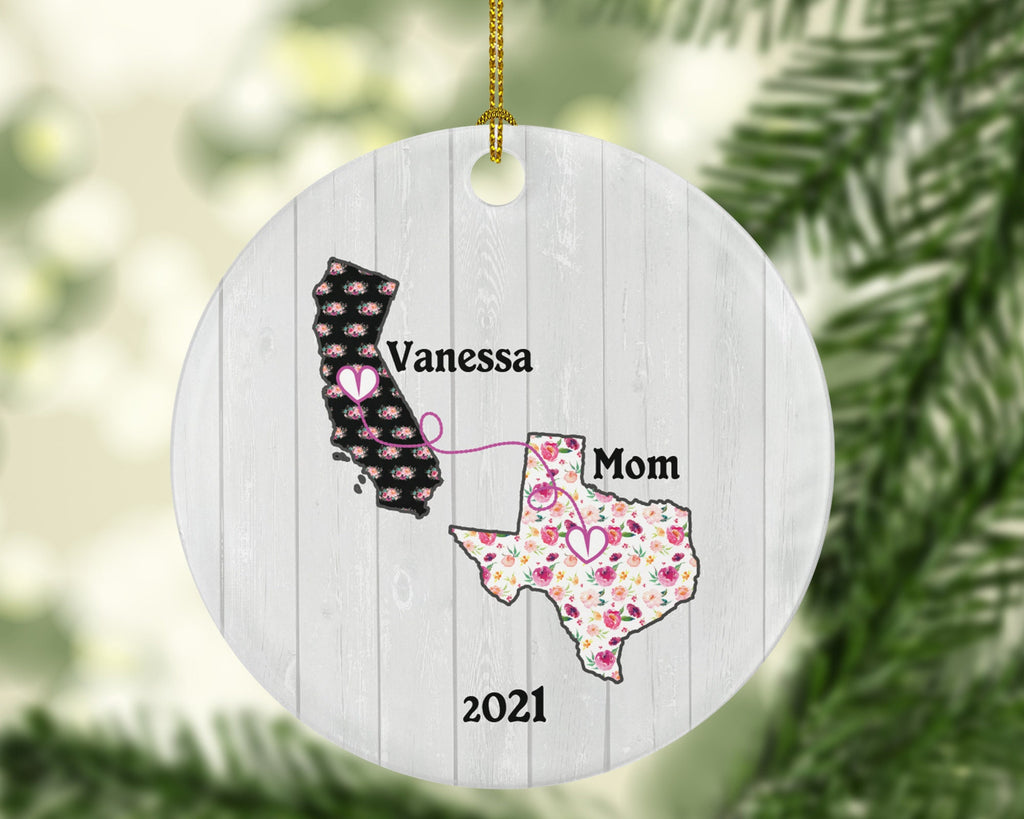 Long Distance Miles Apart Christmas Ornament Personalized, Family, Cousins, Mom, Dad, Grandparents, Sister, Relationship, Any State in USA