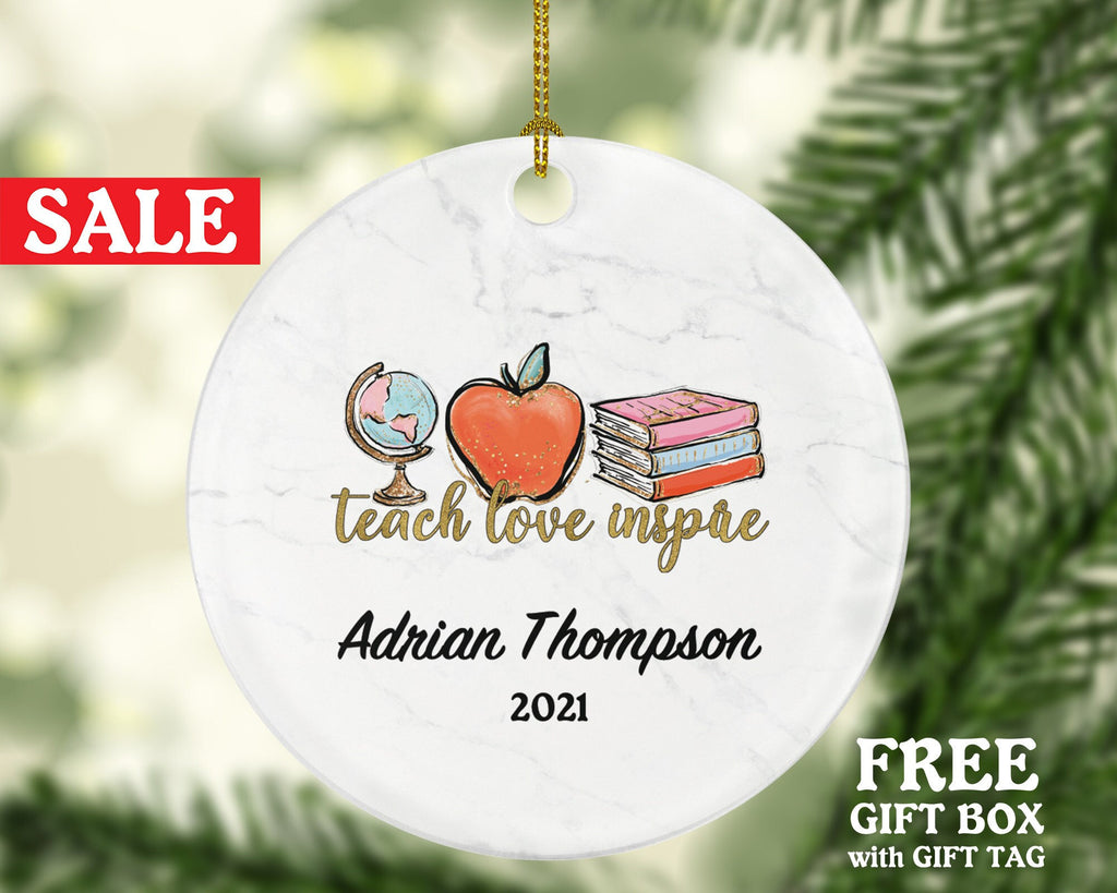 Teacher Ornament Personalized - Teach Love Inspire Teacher Custom Gift Apple from Student Appreciation Mr Mrs School Graduate Graduation